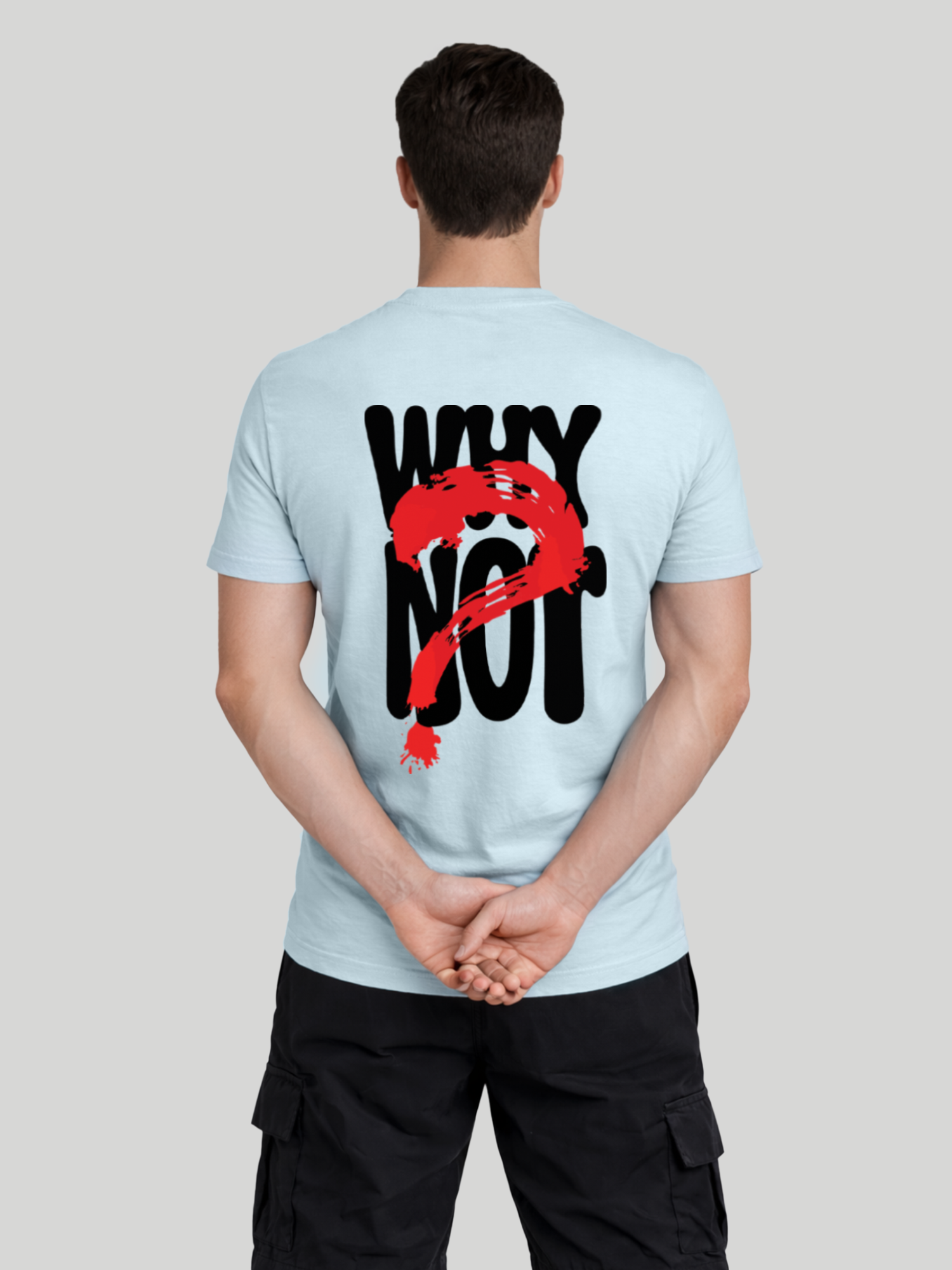 Men’s chambray graphic back print t-shirt with Why Not design relaxed fit rear pose