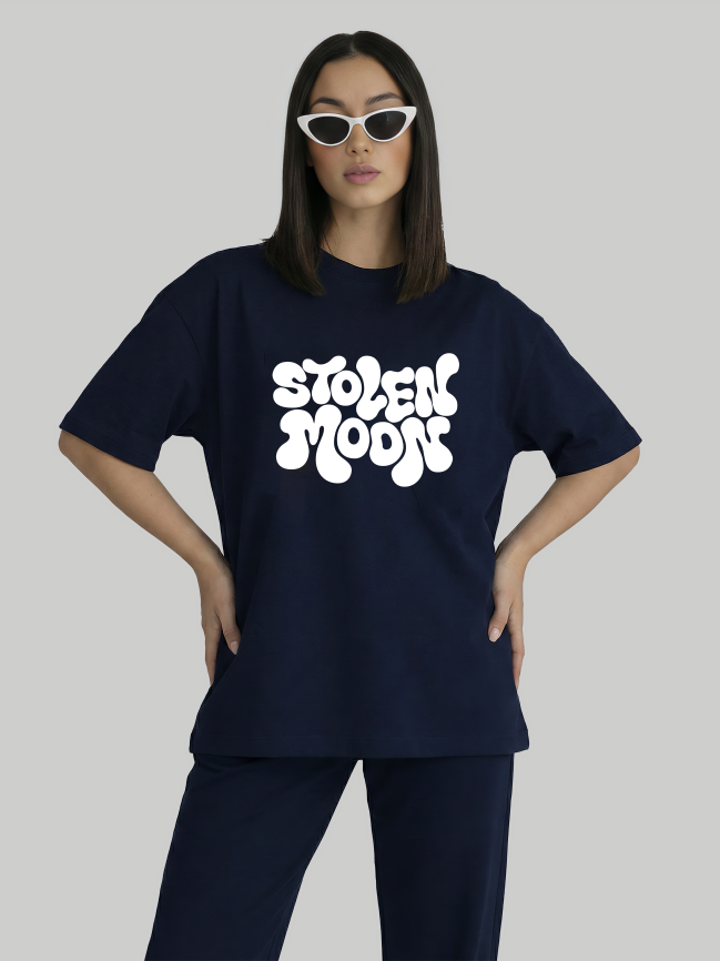 Navy blue oversized graphic t-shirt for women with Stolen Moods design hands on waist pose