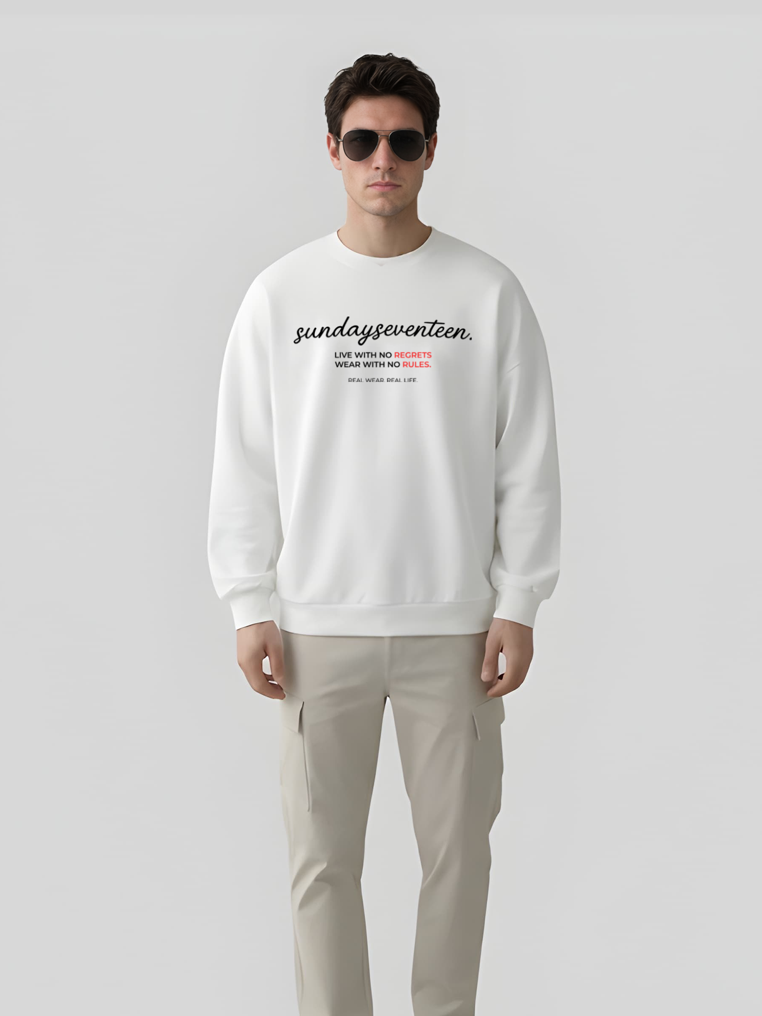 Men’s graphic sweatshirt with Sundayseventeen front print, regular fit casual crewneck sweatshirt full body view