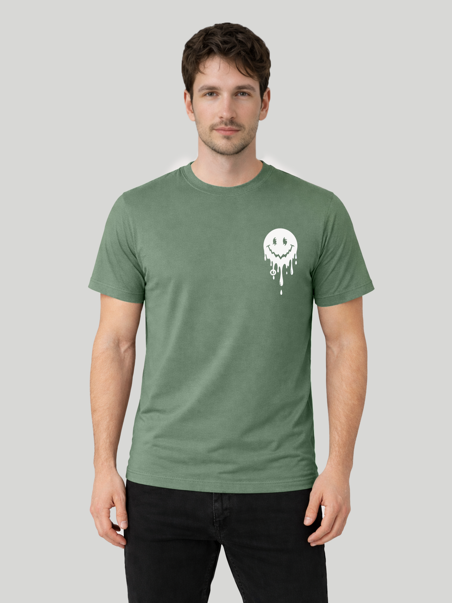 Men’s Light Green regular fit smiley graphic printed t-shirt front standing pose