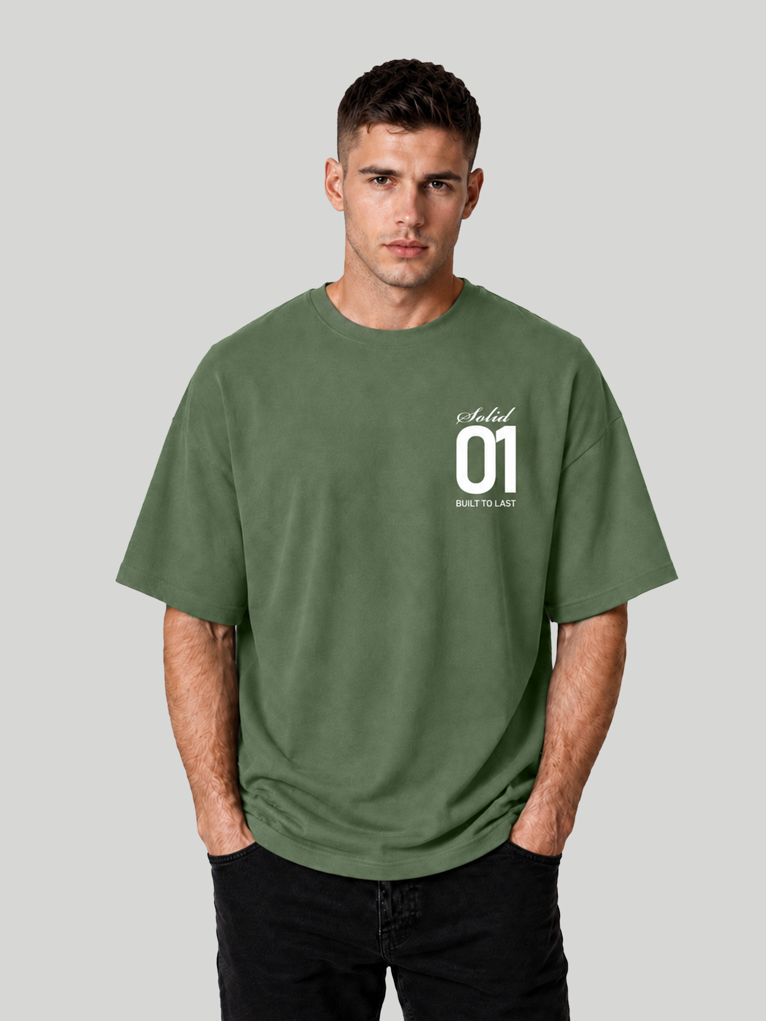 Men's Forest Green Oversized T-Shirt Front Pose – Premium Casual Graphic Tee