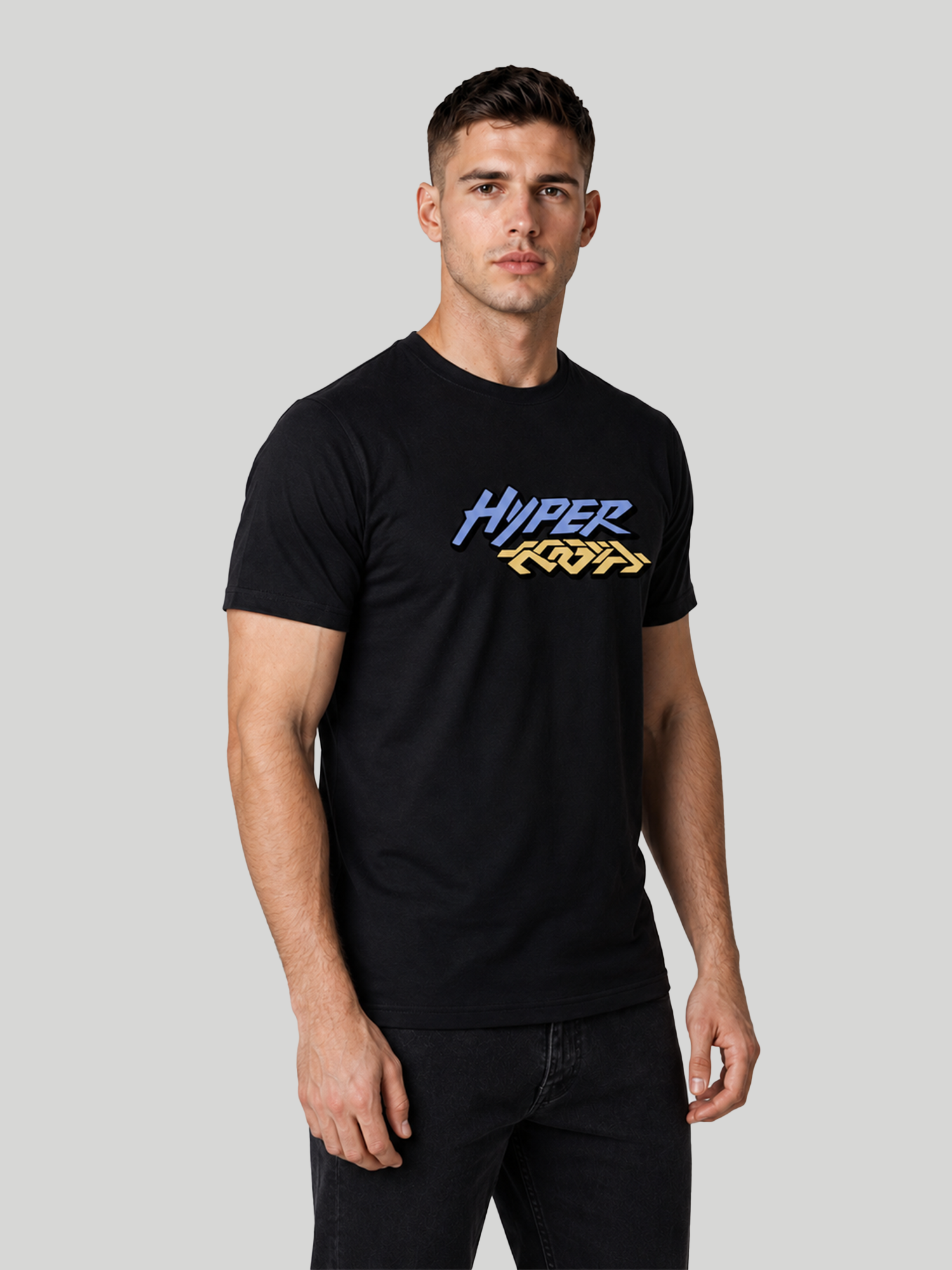 Three-quarter side view showcasing the fit of a black "HYPER" custom typography t-shirt.