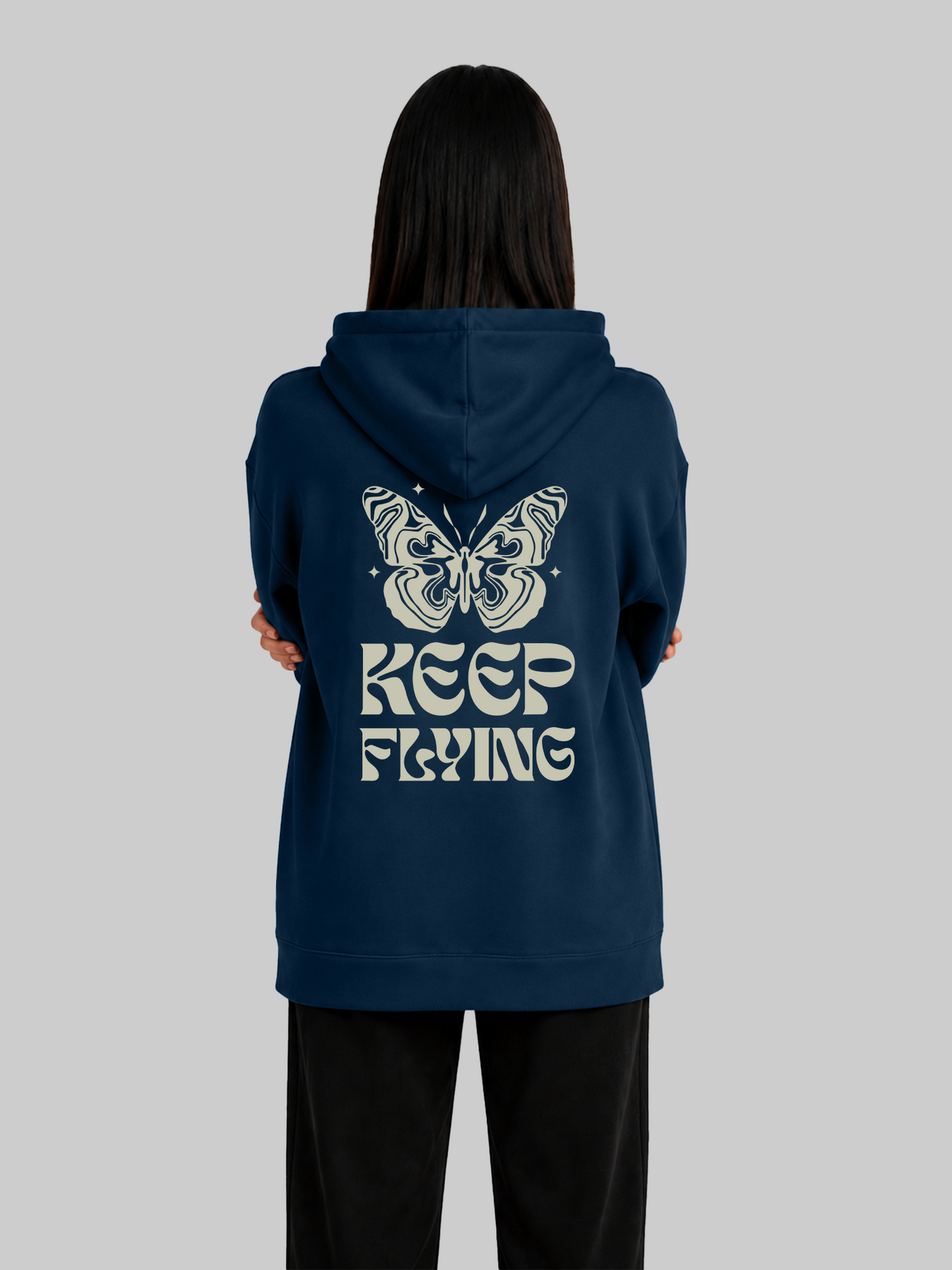 Navy Blue Women's Keep Flying Butterfly Graphic Hoodie Back Pose