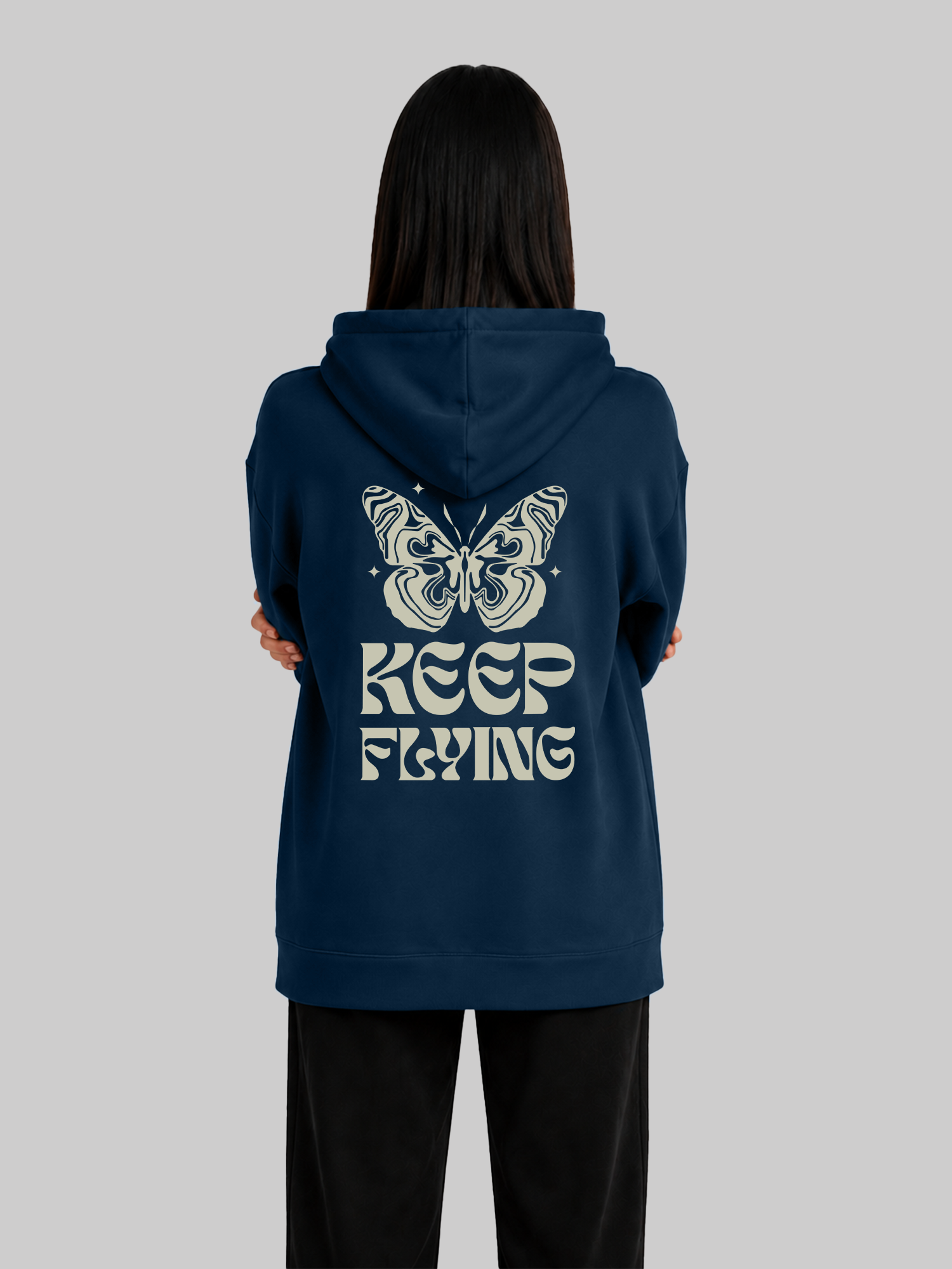 Navy Blue Women's Keep Flying Butterfly Graphic Hoodie Back Pose
