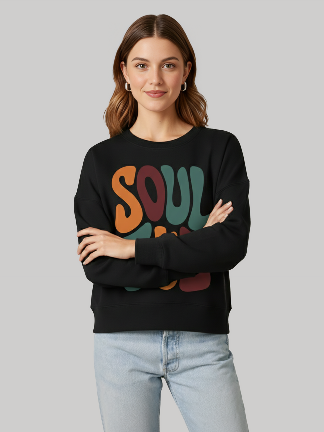 Women wearing Ninthclause Soulful black graphic sweatshirt with colorful vintage style print