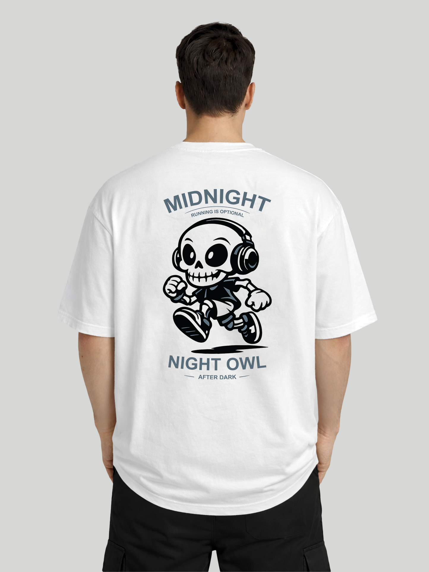 Midnight Night Owl white oversized t-shirt for men back view with cartoon skeleton graphic print