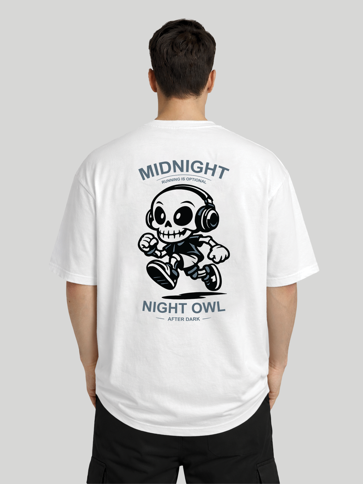 Midnight Night Owl white oversized t-shirt for men back view with cartoon skeleton graphic print