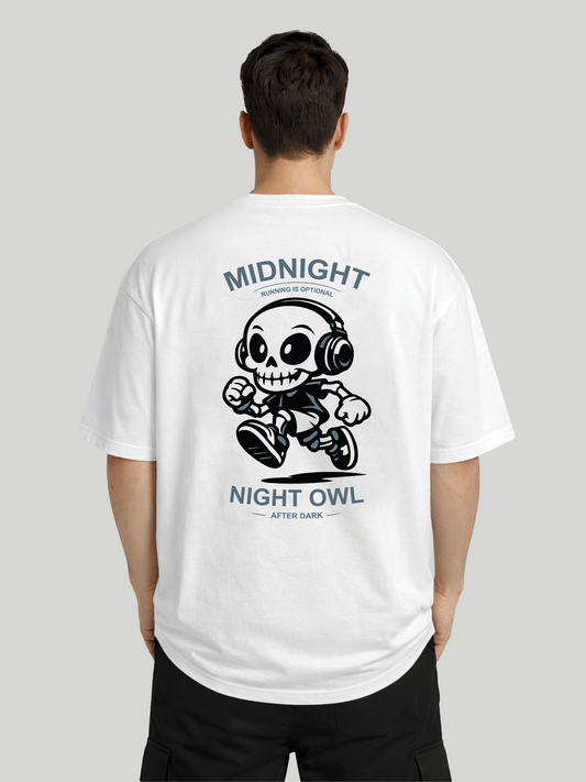 Midnight Night Owl white oversized t-shirt for men back view with cartoon skeleton graphic print