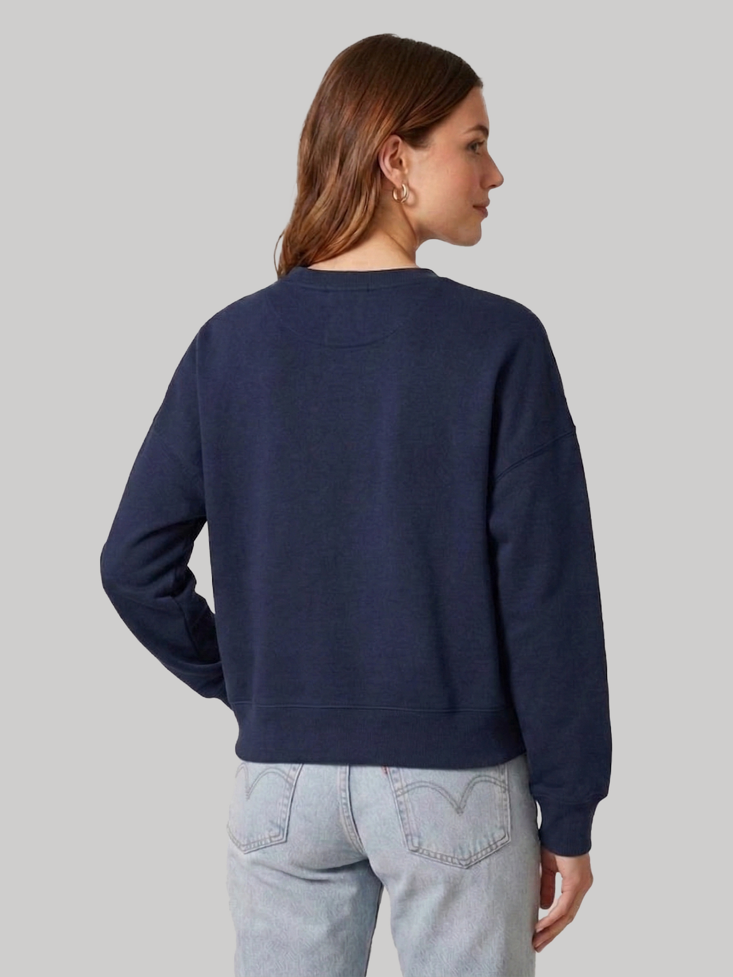 Back view of Ninthclause navy blue sweatshirt for women with oversized fit