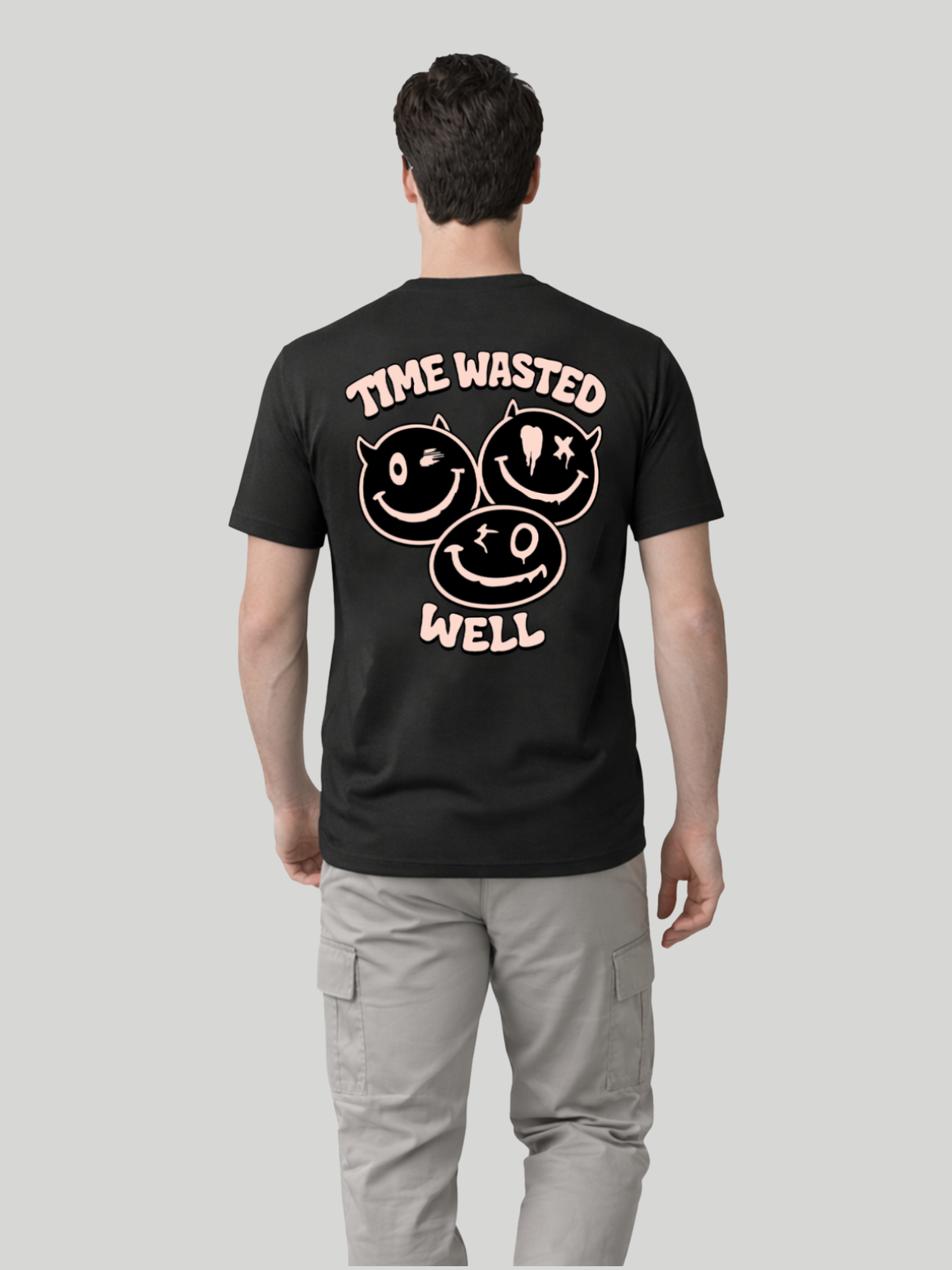 Men wearing Black Time Wasted Well graphic printed regular fit t-shirt back walking pose