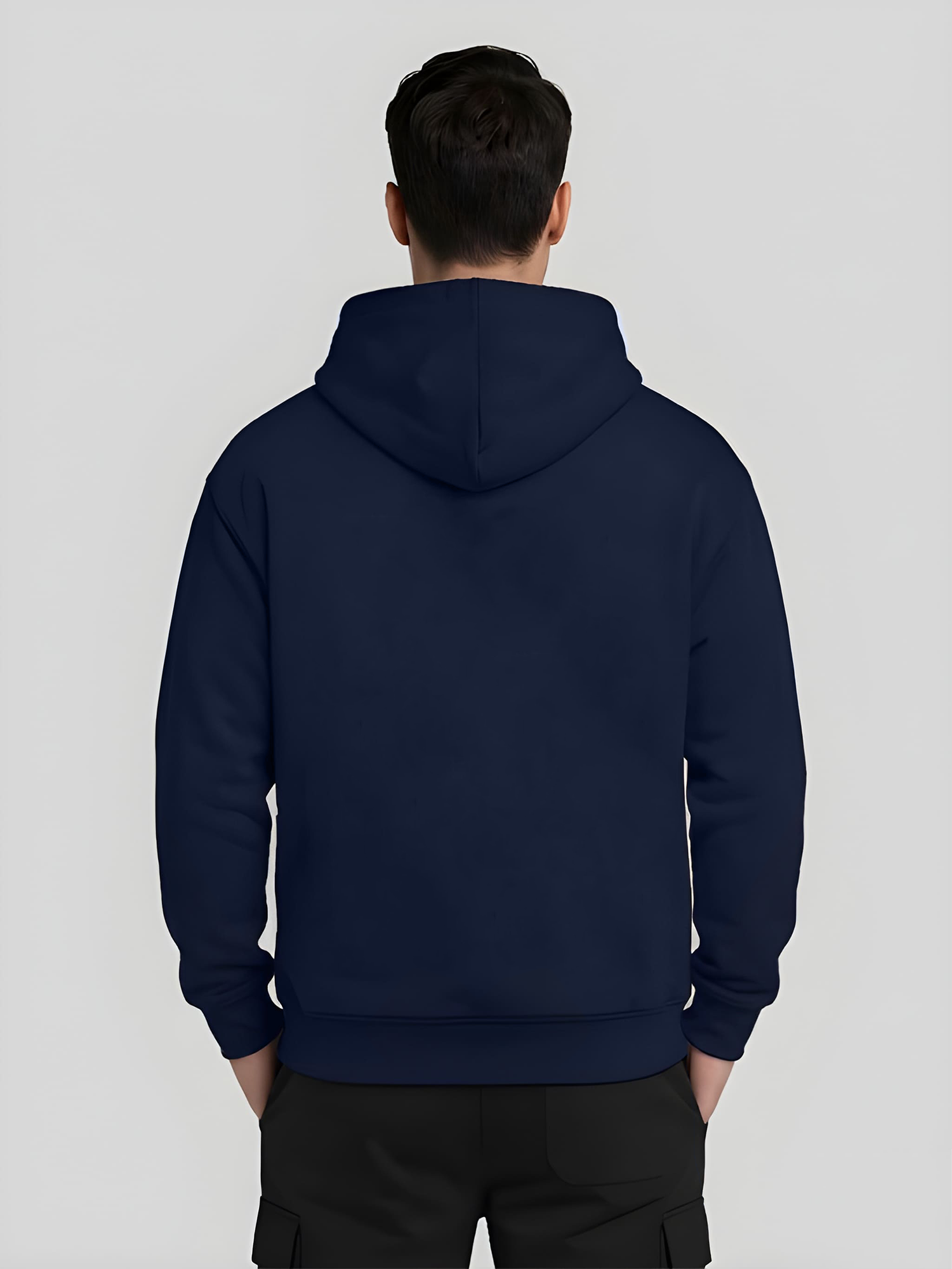 LABEL navy blue hoodie for men back view plain pullover hoodie