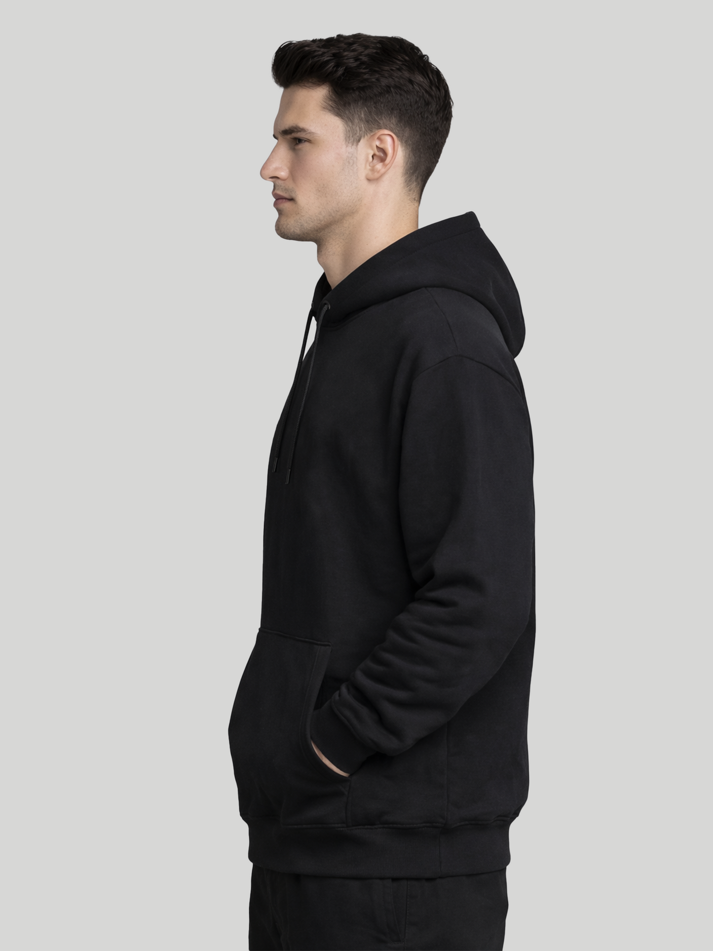 Space Face black hoodie for men side view casual pullover hoodie with regular fit