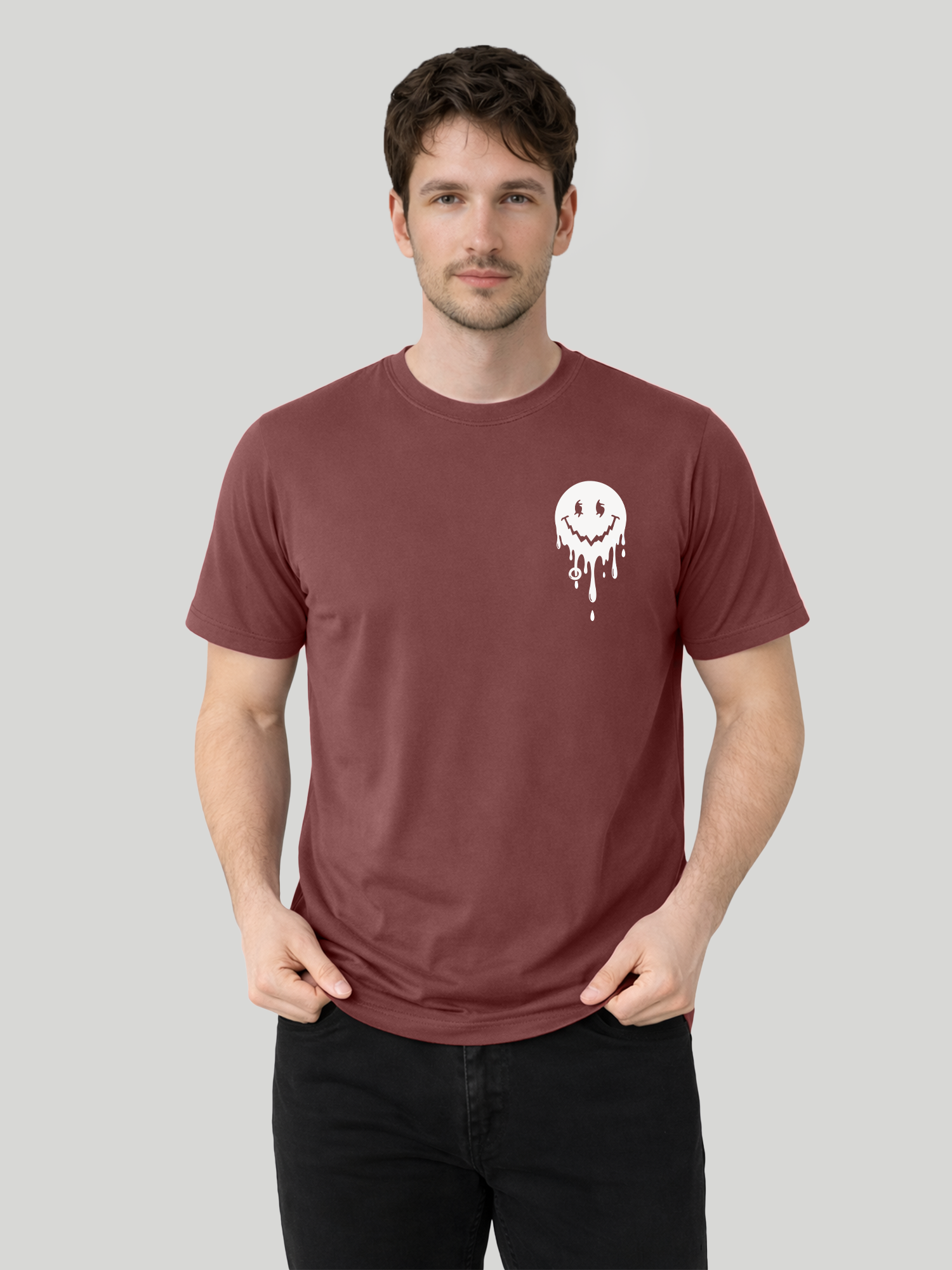 Men’s Brick regular fit smiley graphic printed t-shirt front pose with hands in pocket
