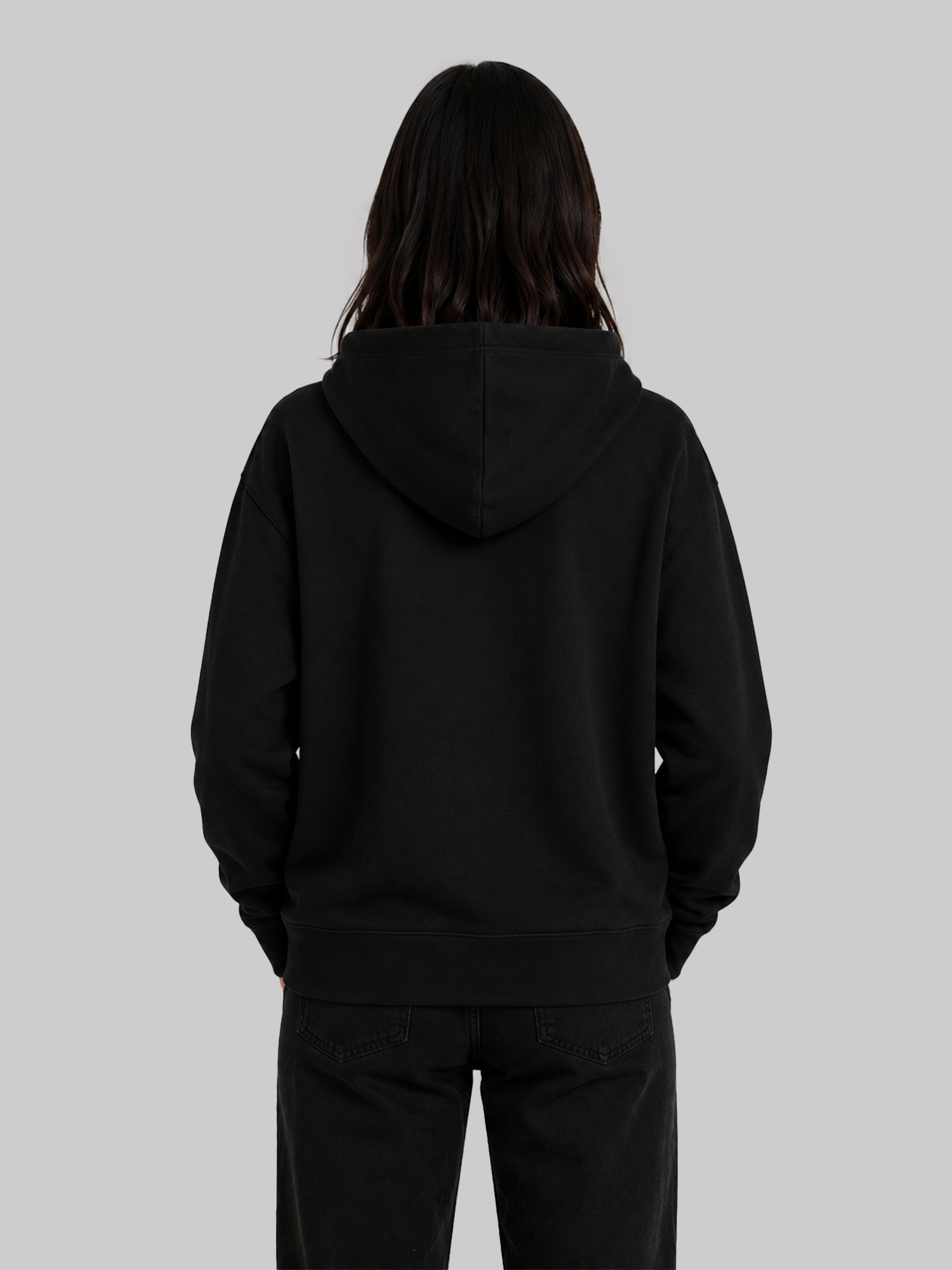 Black women's pullover hoodie back view with minimalist hooded design