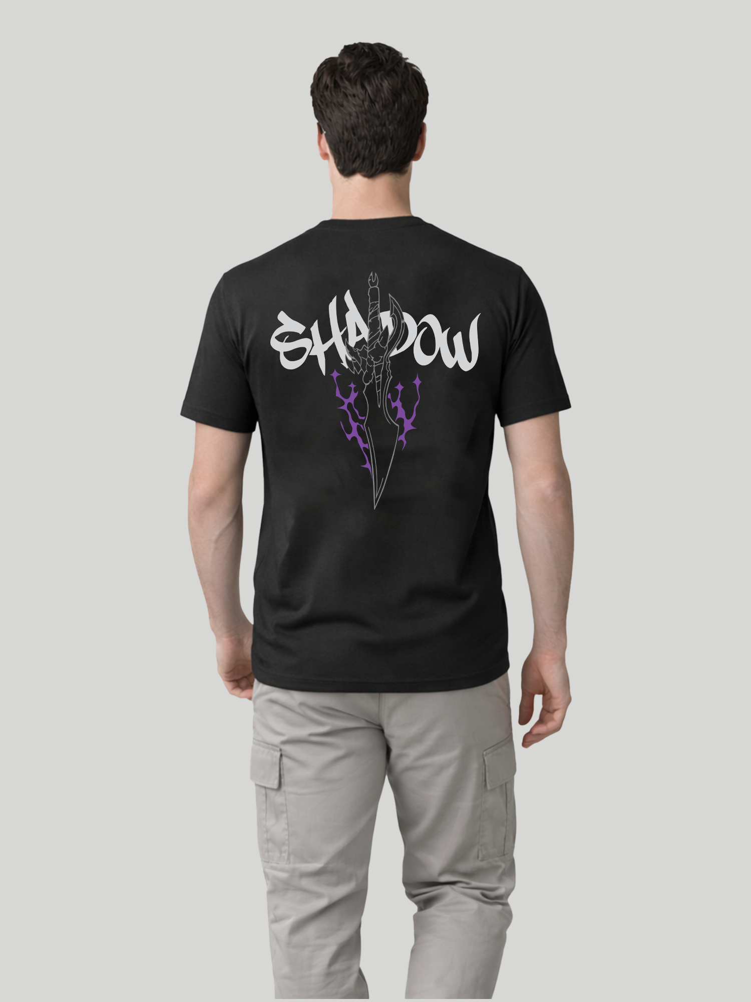 Men’s black Shadow graphic back print t-shirt with dagger design full back view