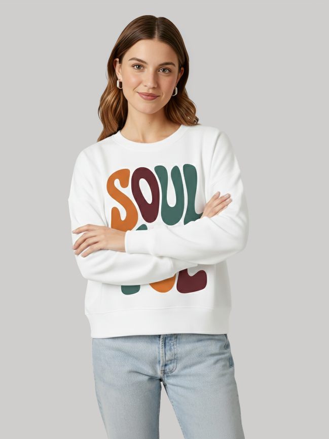 Women wearing Ninthclause Soulful white graphic sweatshirt with colorful Soulful print