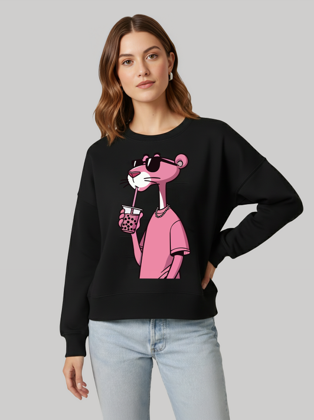 Women wearing Ninthclause black sweatshirt with pink panther print