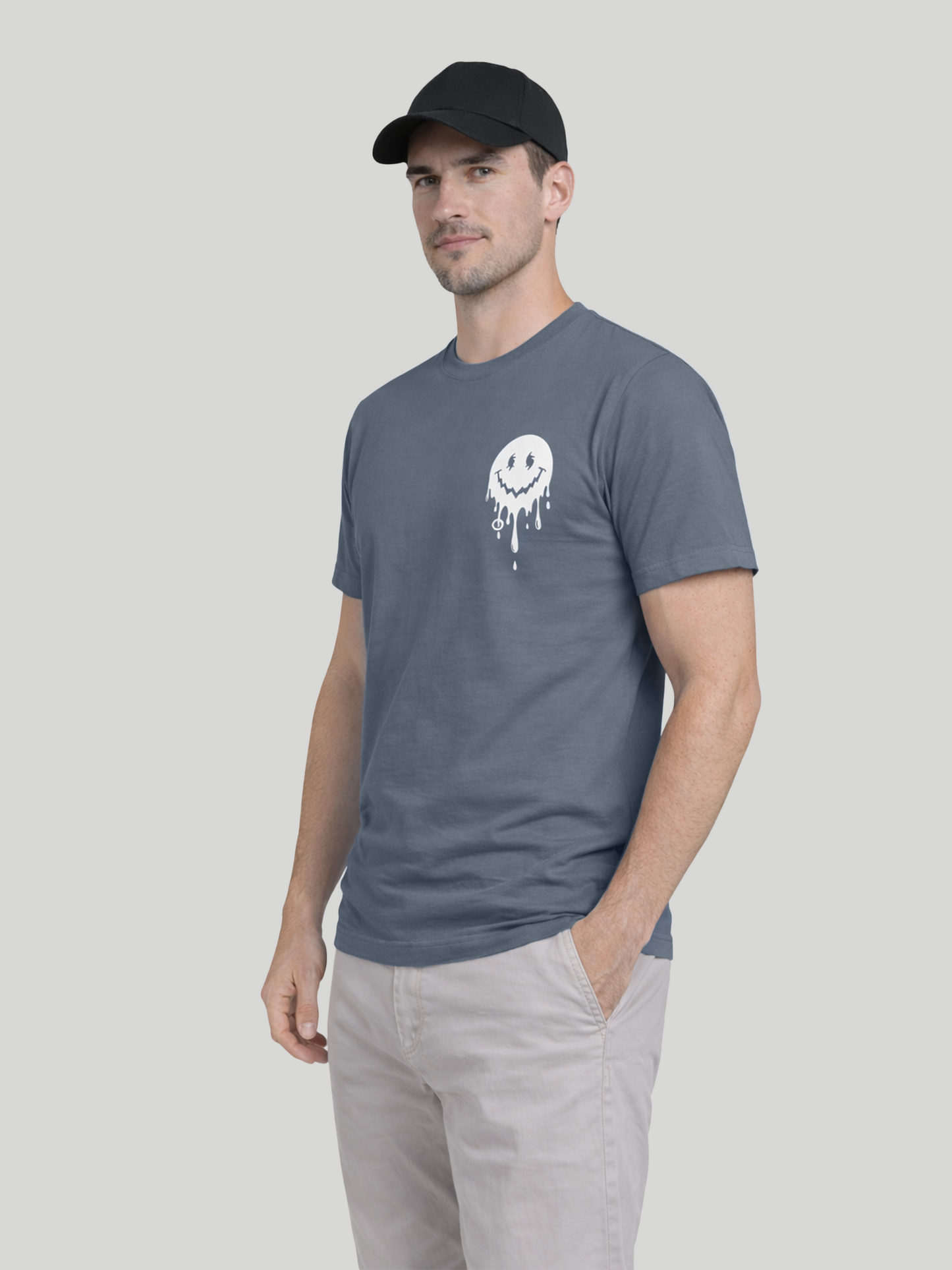 Men’s Blue Jean regular fit smiley graphic printed t-shirt side angle view