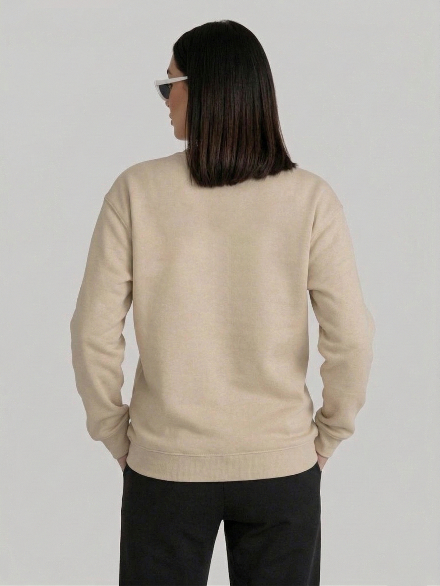 Back view of Ninthclause sand sweatshirt for women with relaxed fit