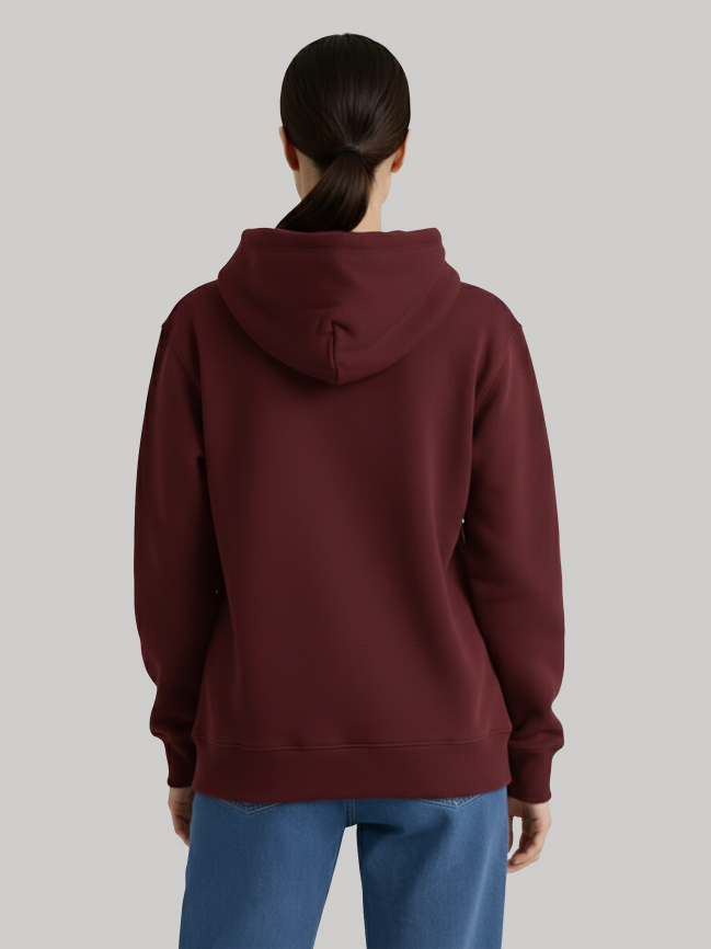Back view of maroon hoodie for women with relaxed fit
