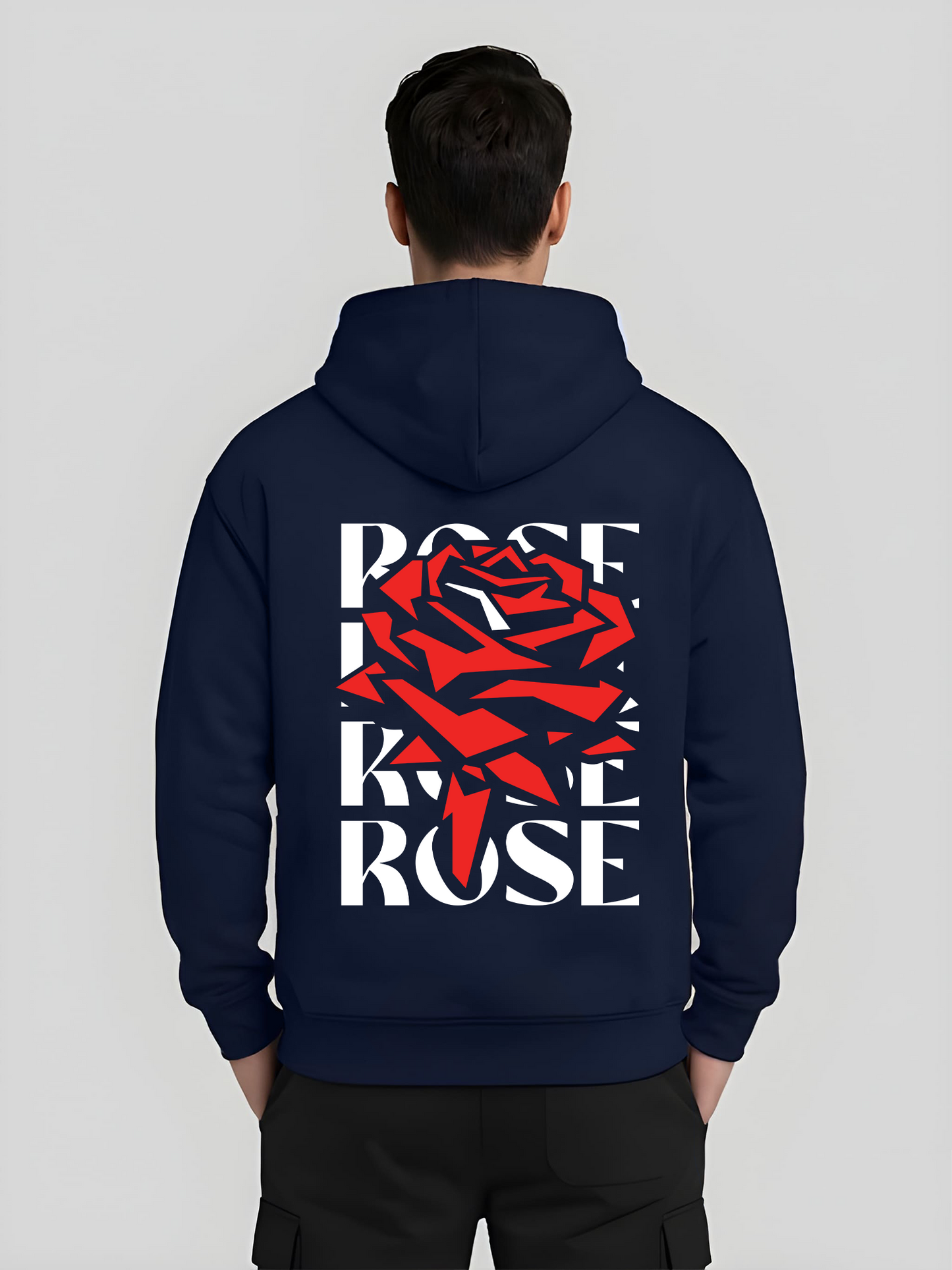 Red Rose navy blue hoodie for men back view with bold back graphic print
