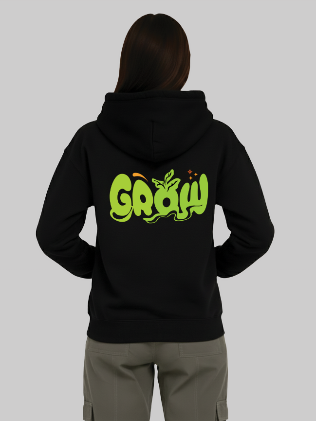 Back view of Febora black hoodie for women with green grow graphic