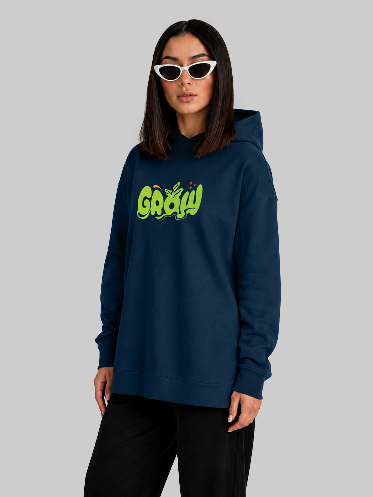 Navy Blue Grow Graphic Oversized Hoodie Angled Front Pose