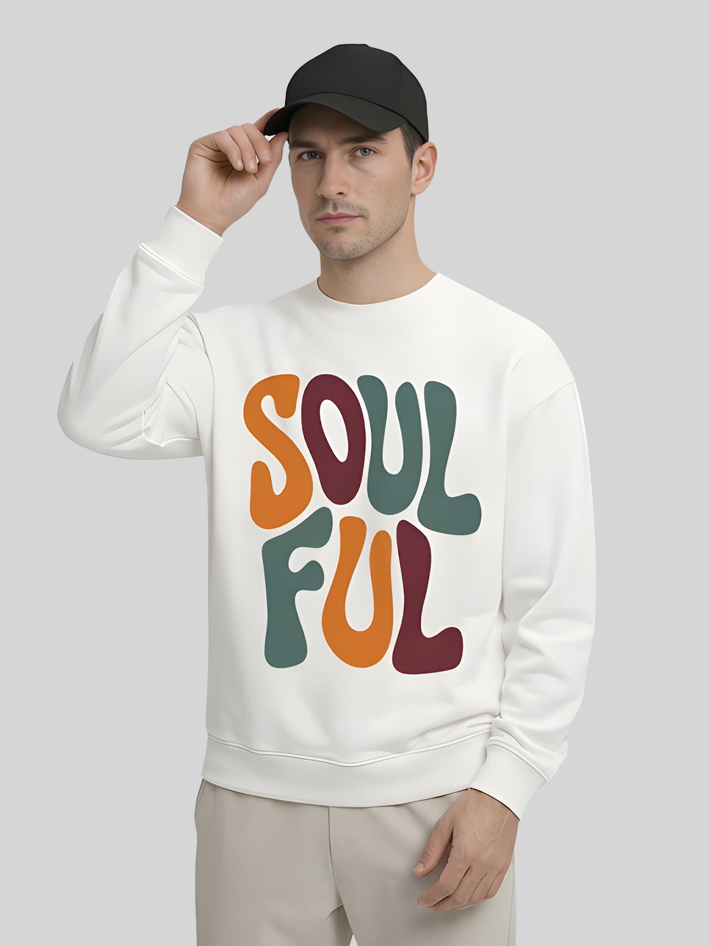 White Soulful graphic sweatshirt for men with bold retro typography print, premium casual pullover