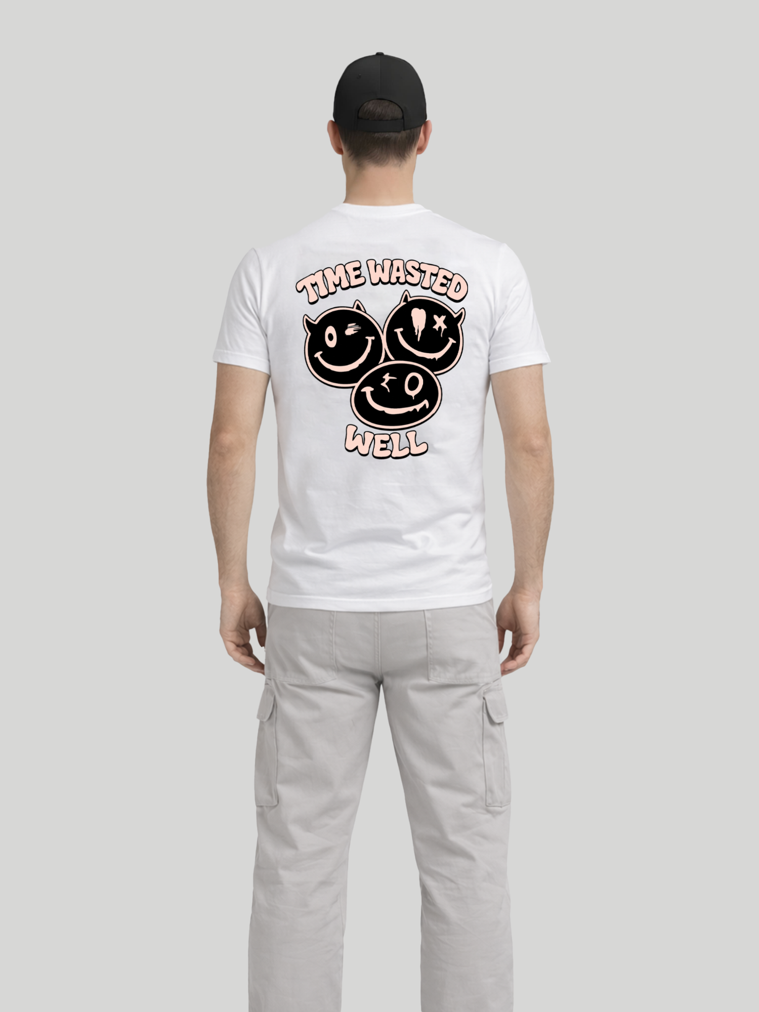 Men wearing White Time Wasted Well graphic printed regular fit t-shirt full back view