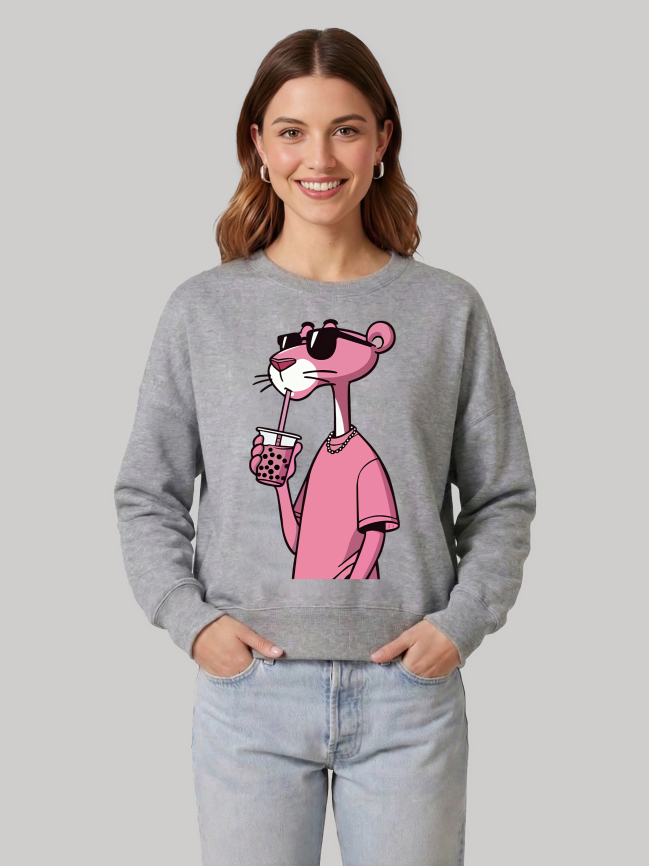 Women wearing Ninthclause sport grey sweatshirt with pink panther print and comfortable fit