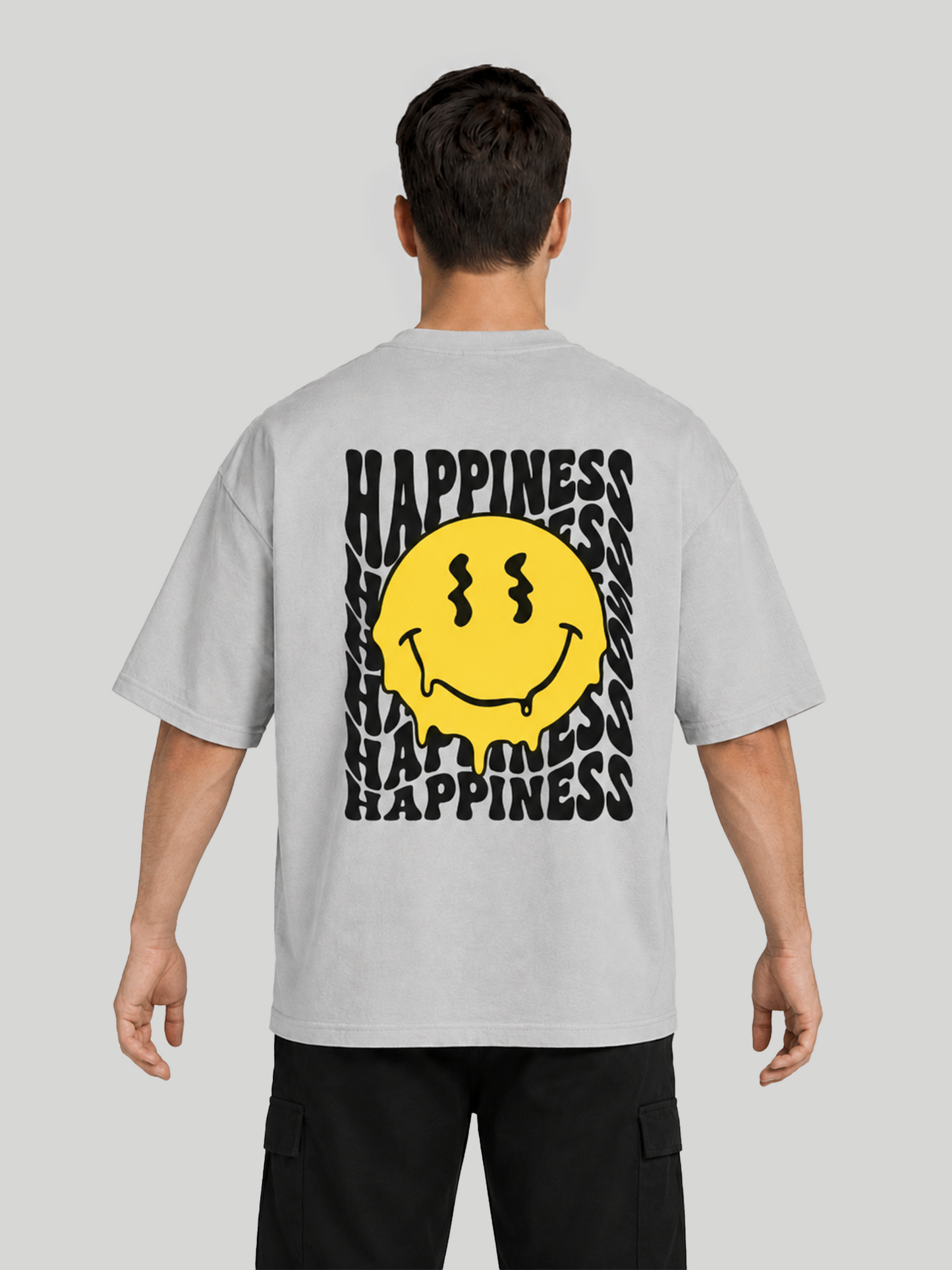 Ash Grey Happiness Smiley Graphic Oversized T-Shirt Lifestyle Back View