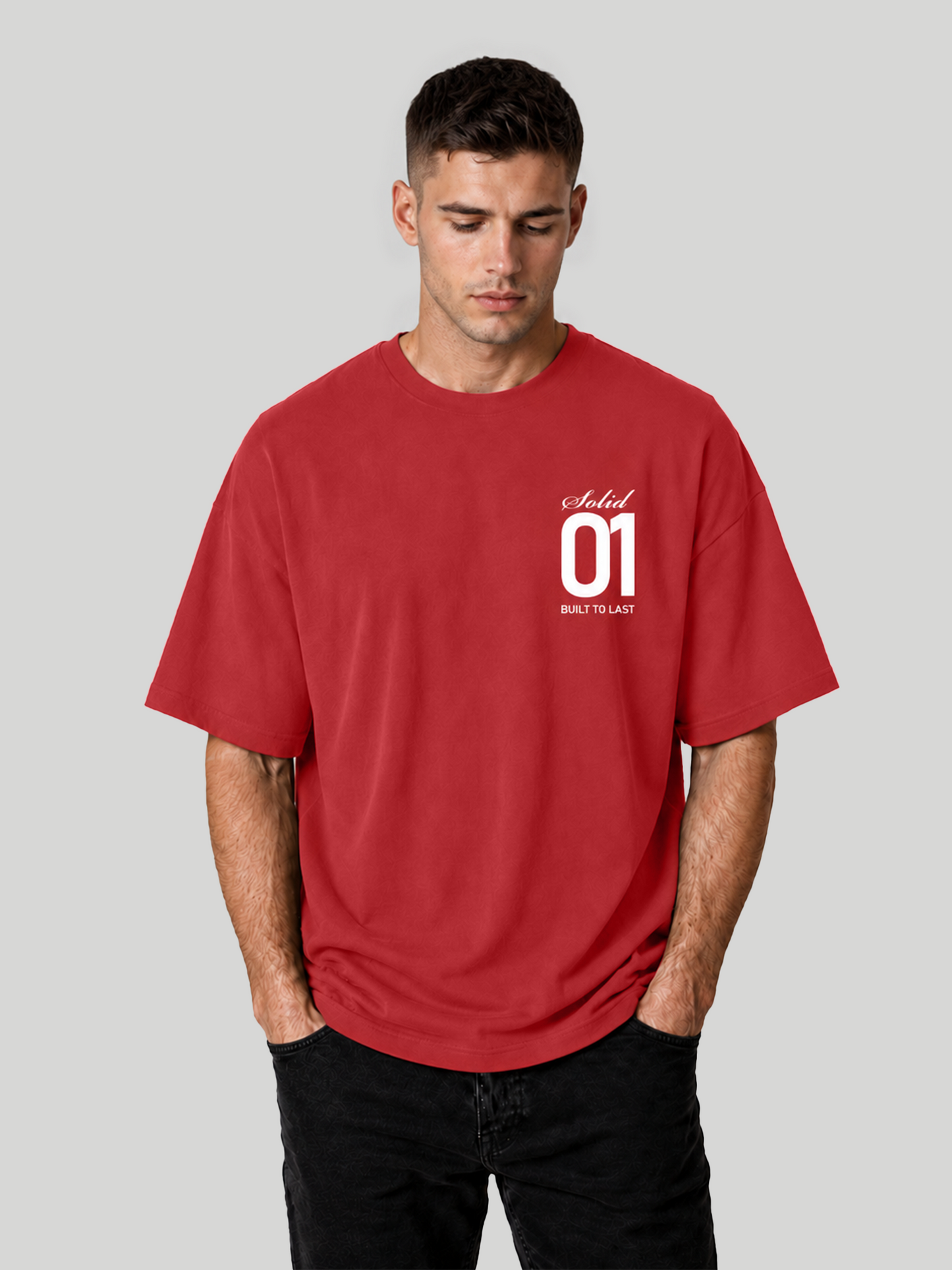 Men's Red Oversized T-Shirt Front Model Shot – Casual Streetwear Graphic Tee