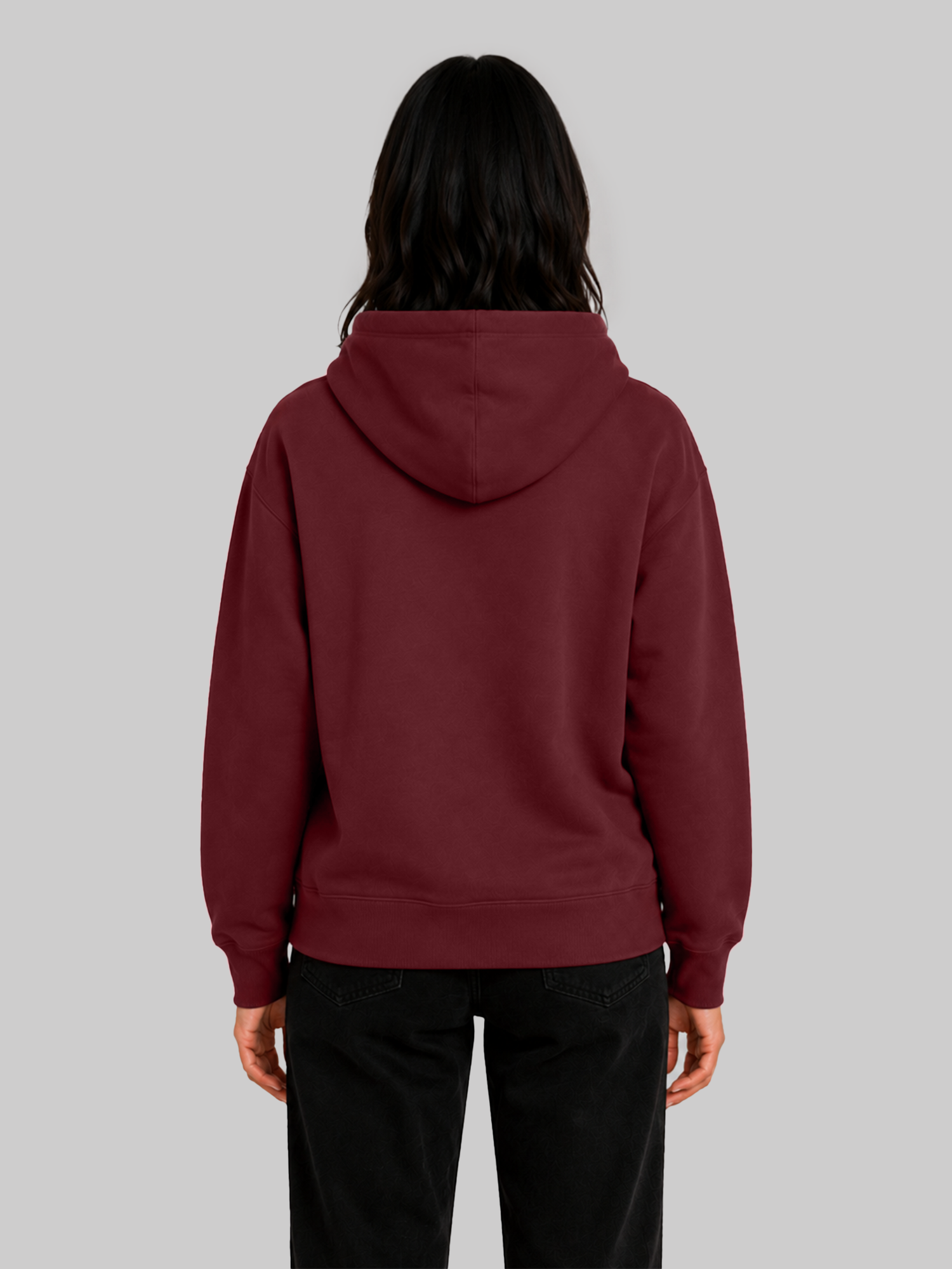Maroon women's pullover hoodie back view with minimalist hooded design
