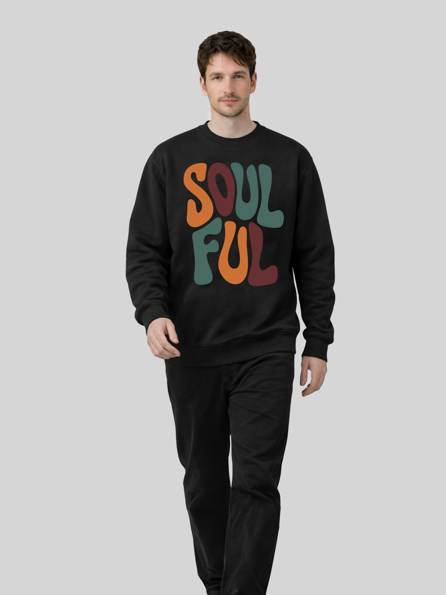 Men’s black Soulful crewneck sweatshirt with colorful vintage graphic, everyday streetwear style