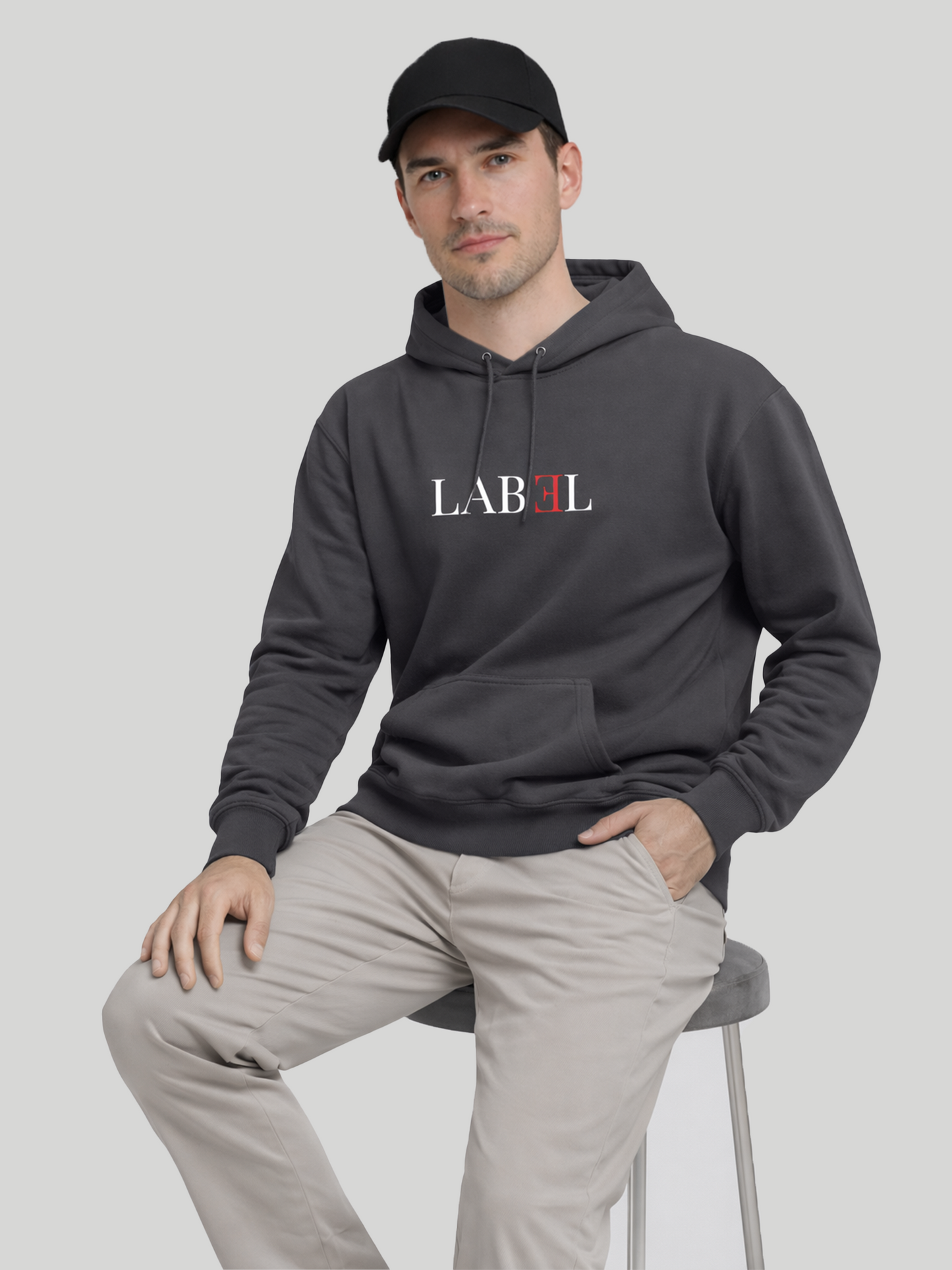 LABEL charcoal hoodie for men full front view with clean streetwear styling