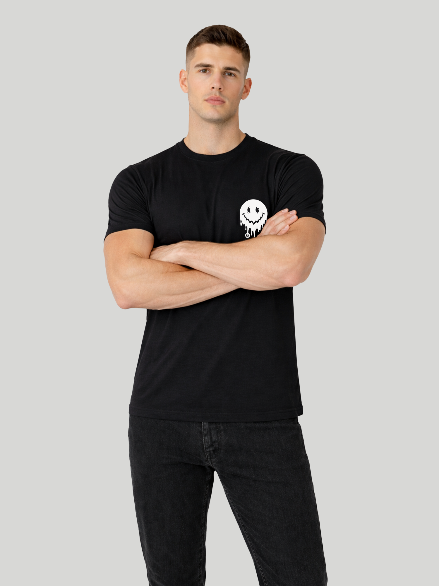 Men’s Black regular fit smiley graphic printed t-shirt front crossed arms pose