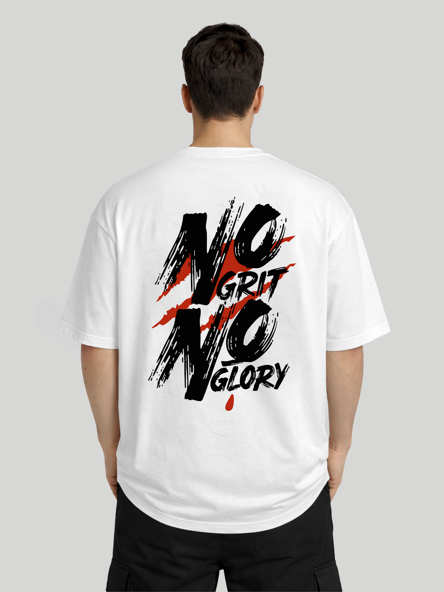 No Grit No Glory white oversized t-shirt for men back view with bold graphic print