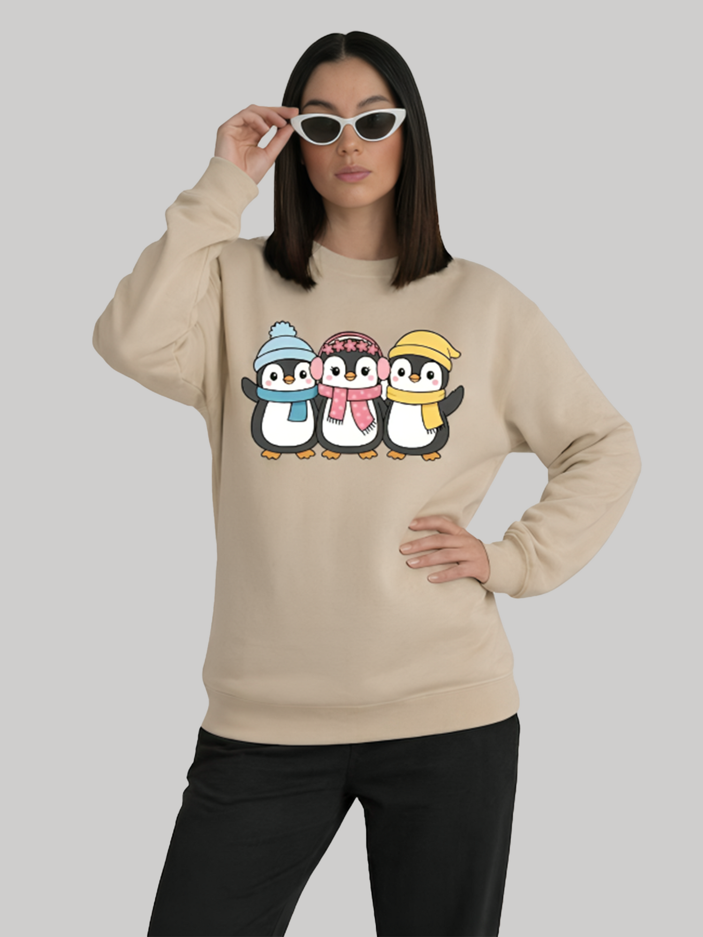 Ninthclause sand sweatshirt for women with cute penguin winter graphic print
