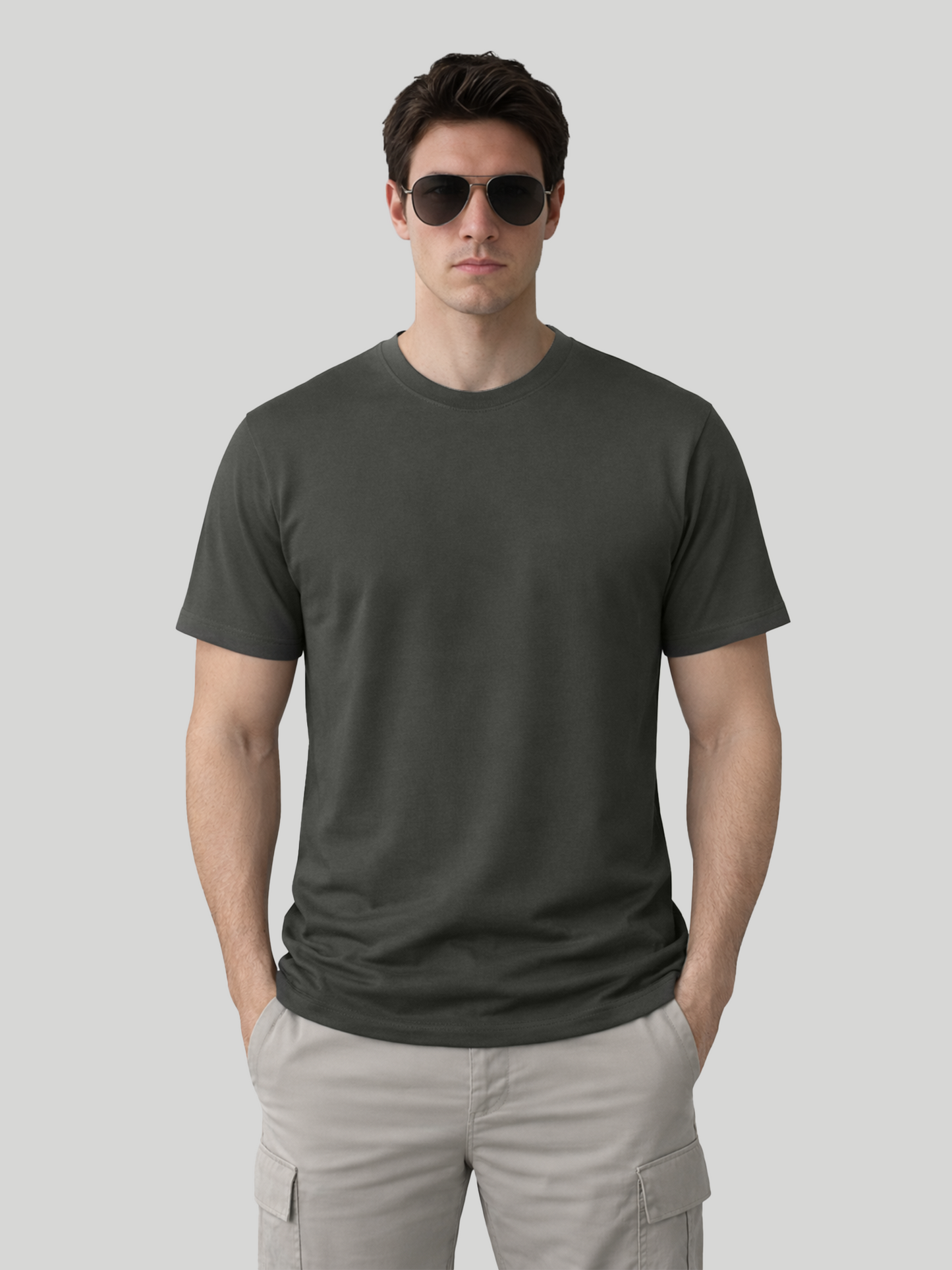 Men wearing Pepper regular fit crew neck t-shirt front view with sunglasses