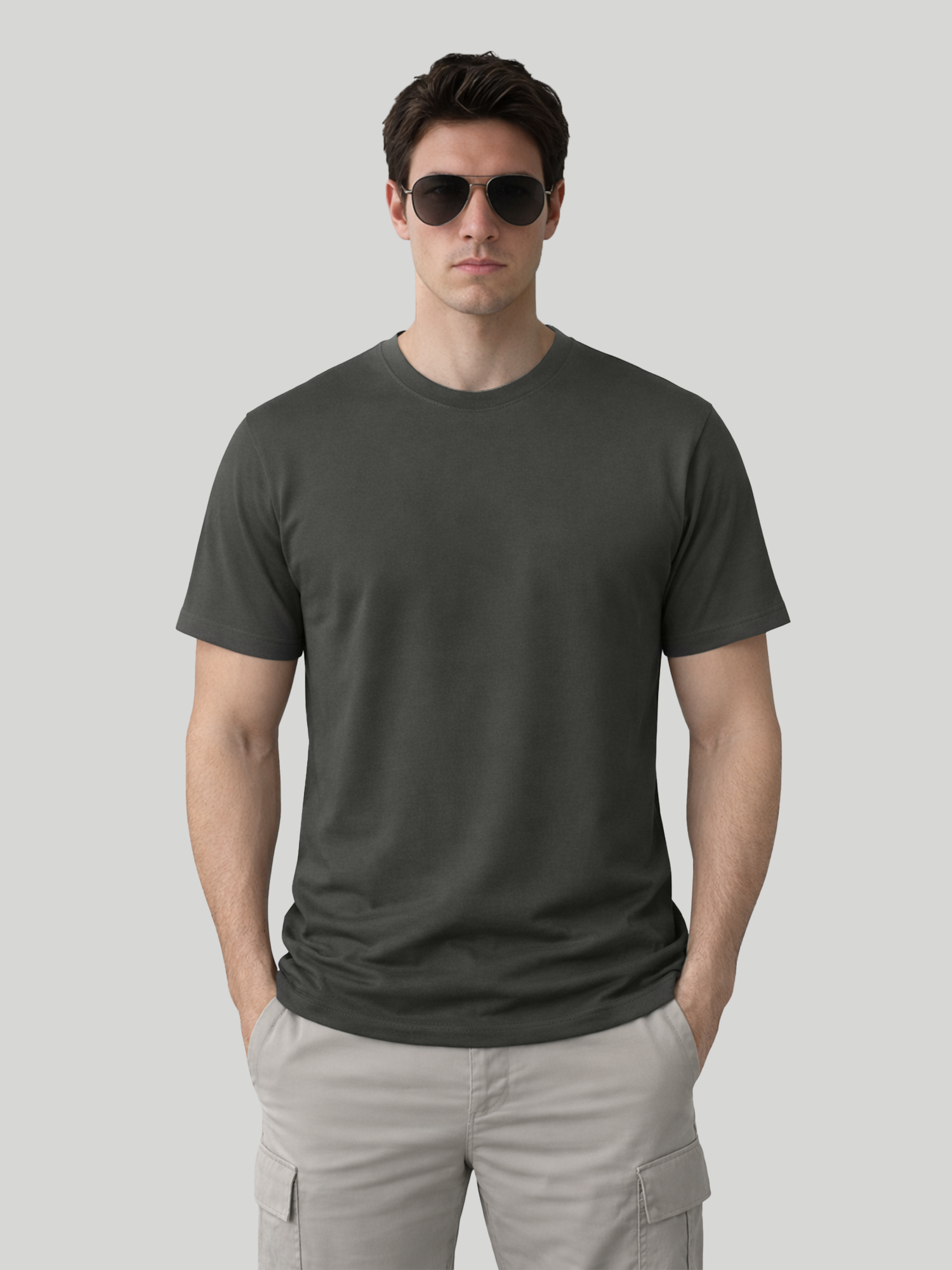 Men wearing Pepper regular fit crew neck t-shirt front view with sunglasses