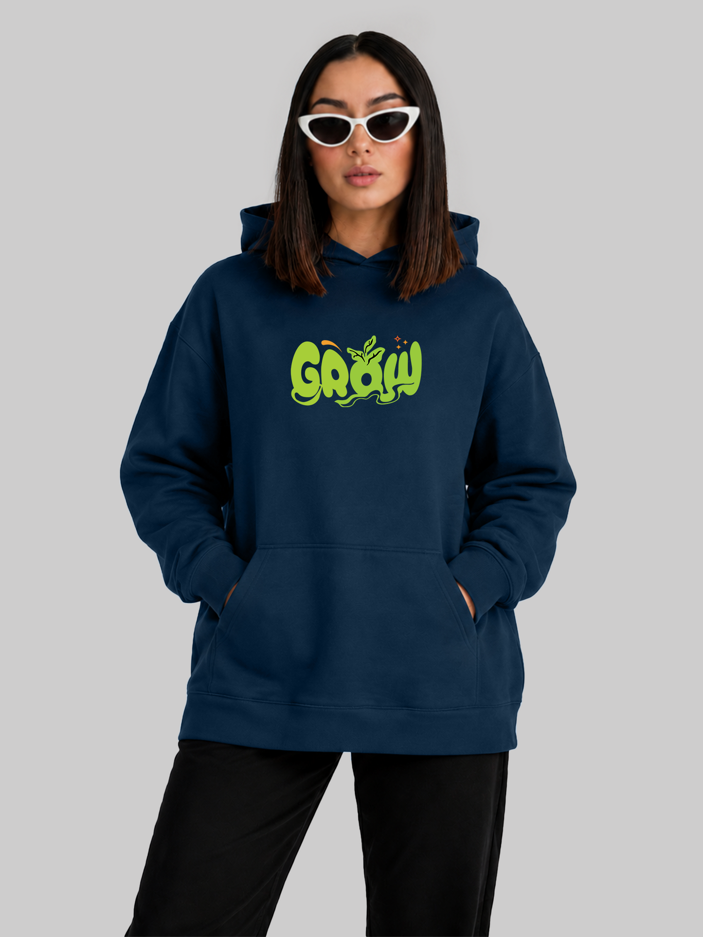 Navy Blue Grow Graphic Oversized Hoodie Kangaroo Pocket View