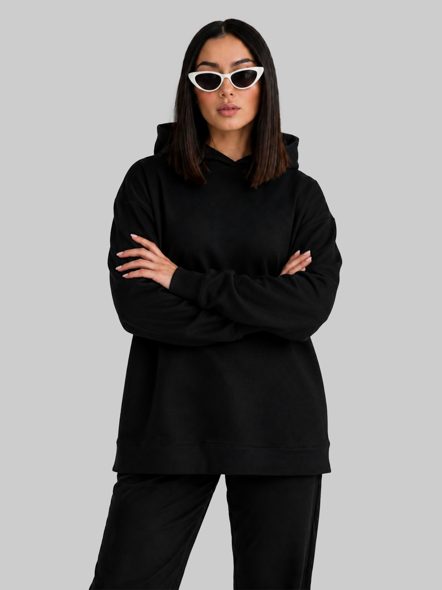 Black Women's Oversized Hoodie Arms Crossed Pose