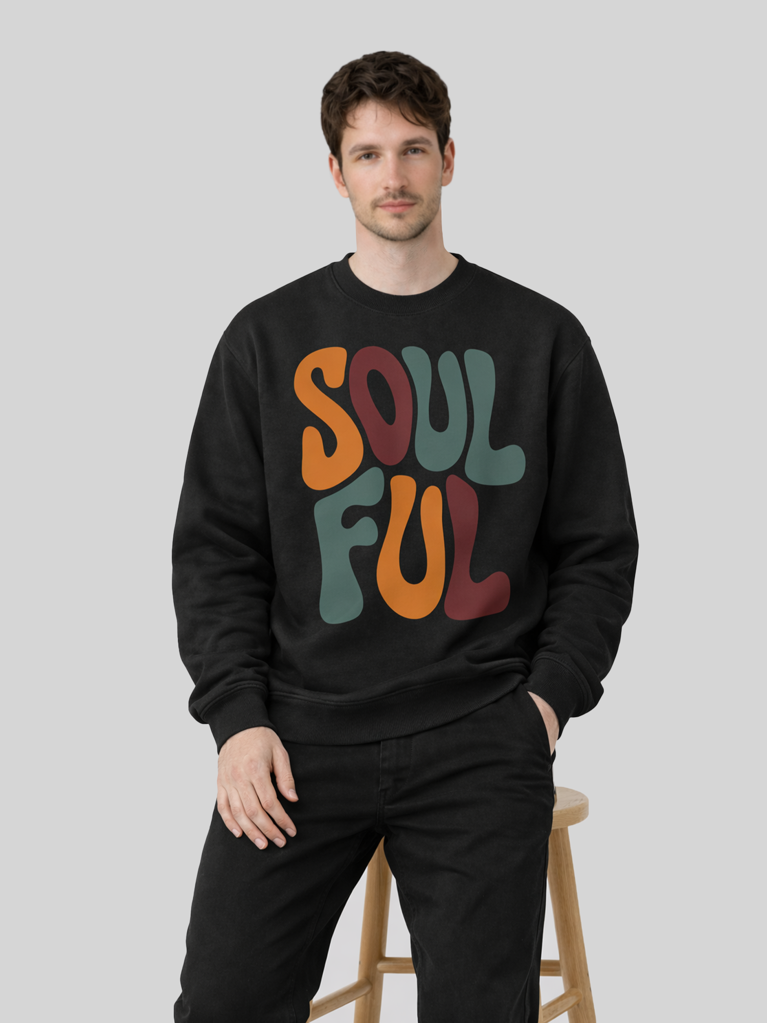 Men’s black retro graphic sweatshirt with Soulful print, stylish casual streetwear pullover