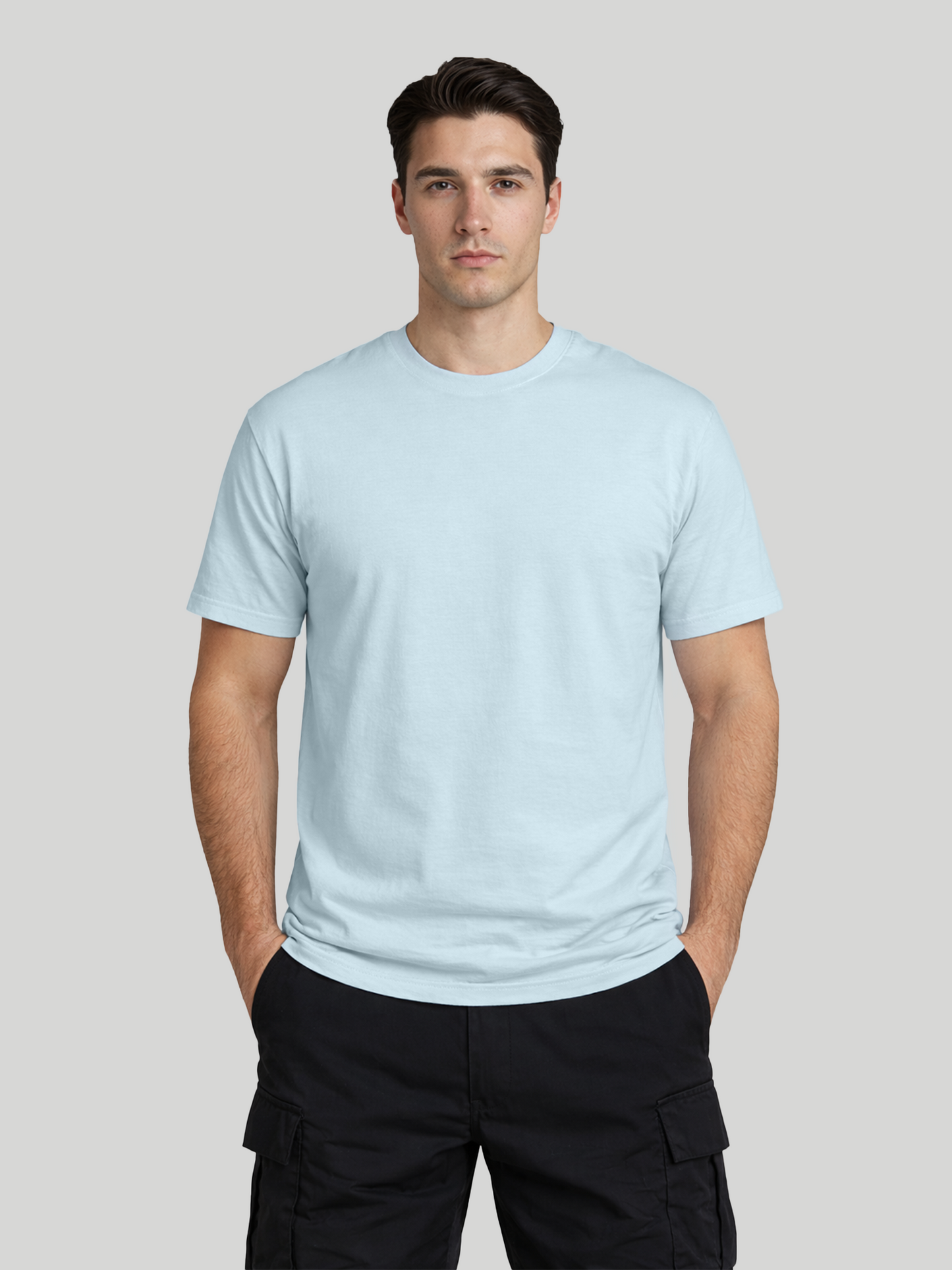 Men’s chambray plain front crewneck t-shirt with relaxed fit and minimal streetwear style