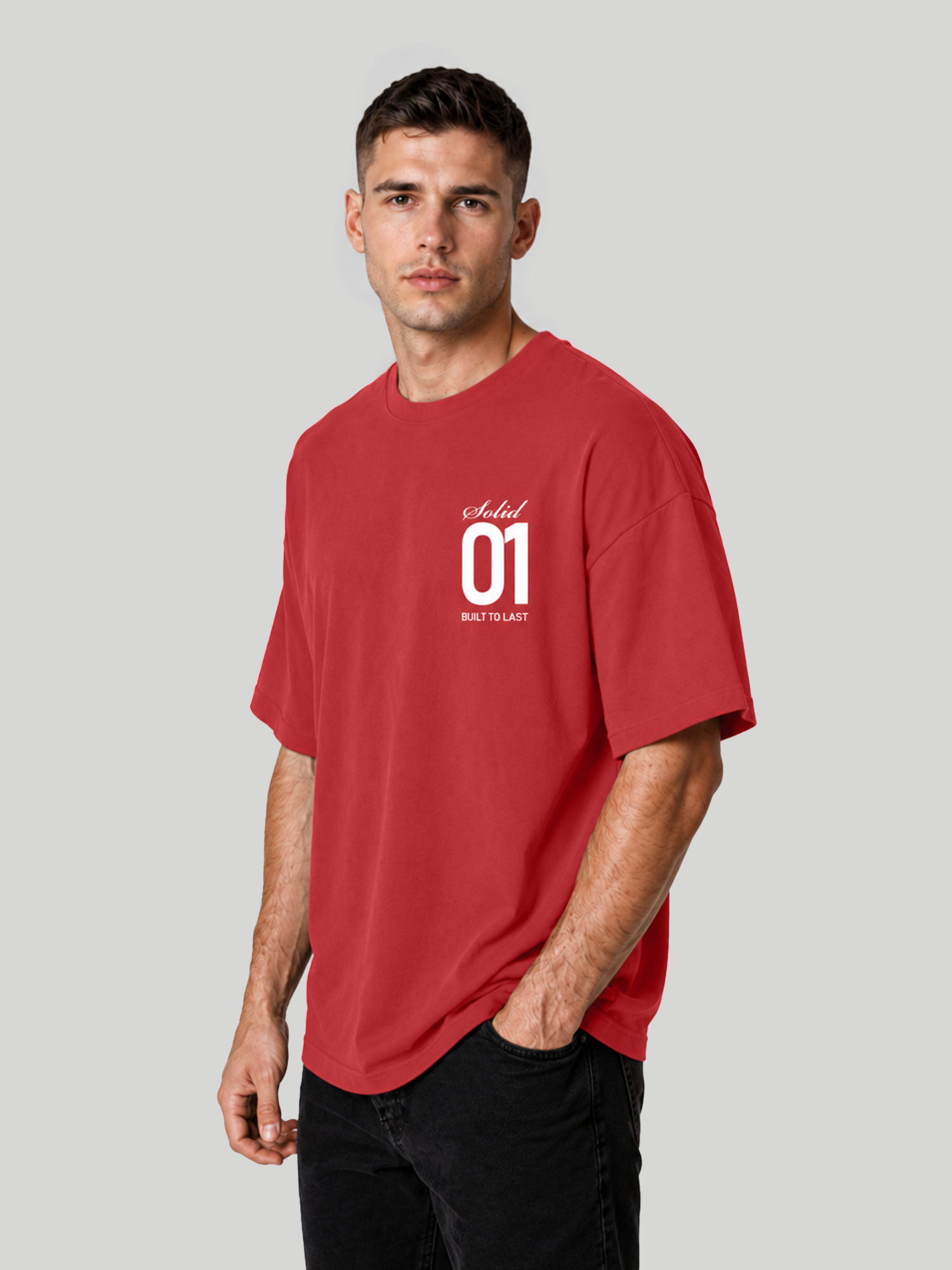Men's Red Oversized T-Shirt Angled Front View – Premium Cotton Relaxed Fit Tee