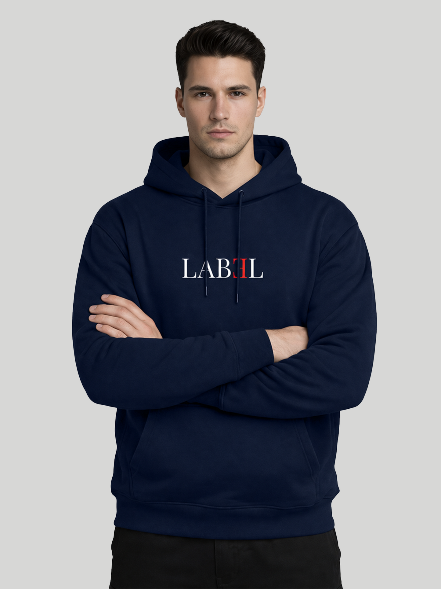 LABEL navy blue hoodie for men front view with crossed arms
