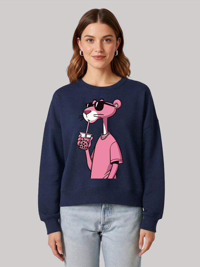 Women wearing Ninthclause navy blue sweatshirt with pink panther print and relaxed fit