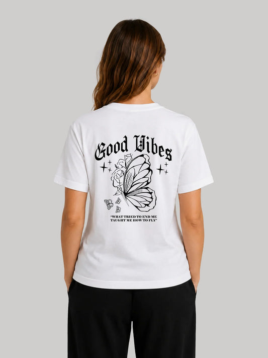 White graphic tee with butterfly and 'Good Vibes' text, bold streetwear design for men and women