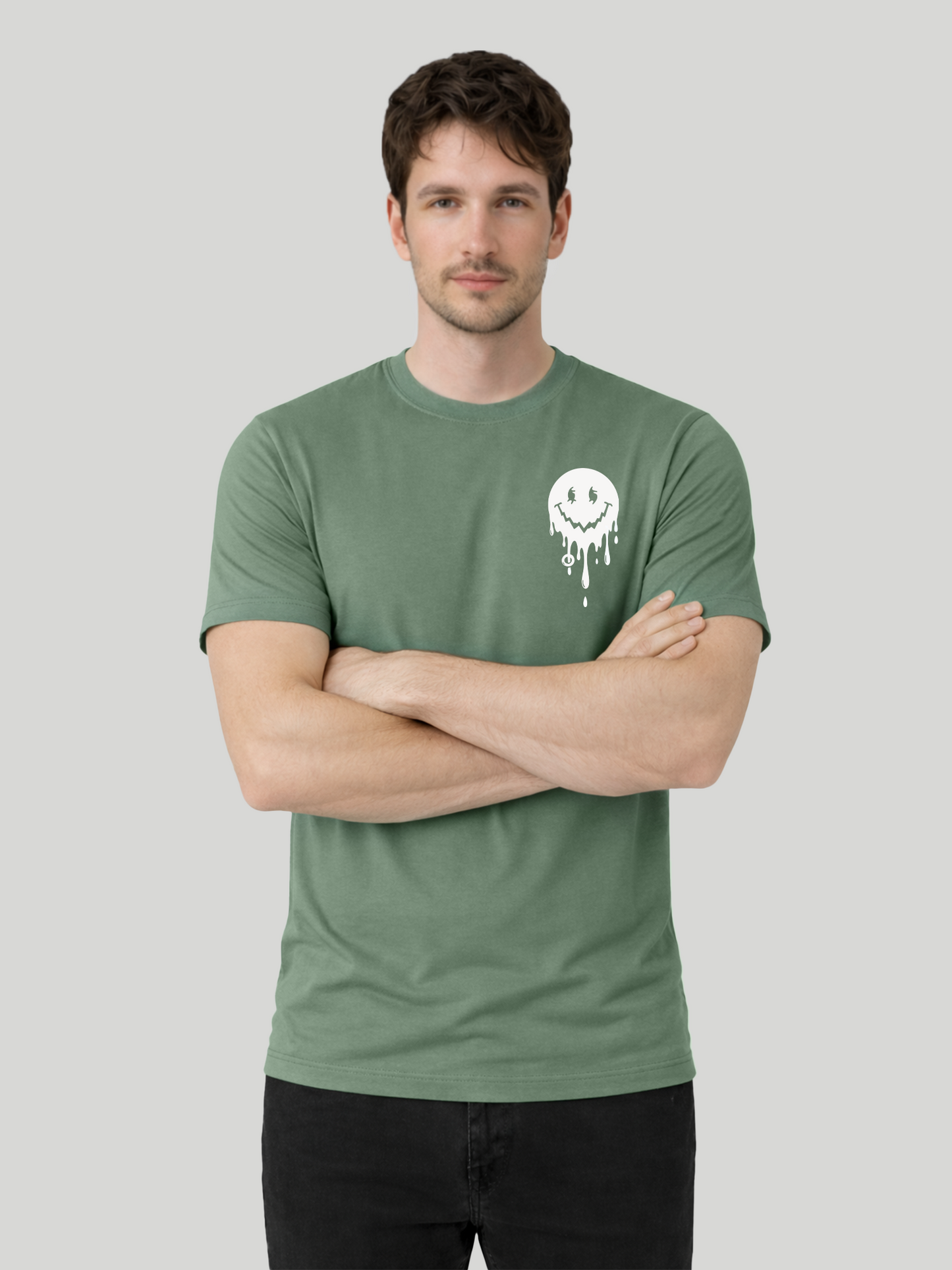 Men’s Light Green regular fit smiley graphic printed t-shirt front crossed arms pose