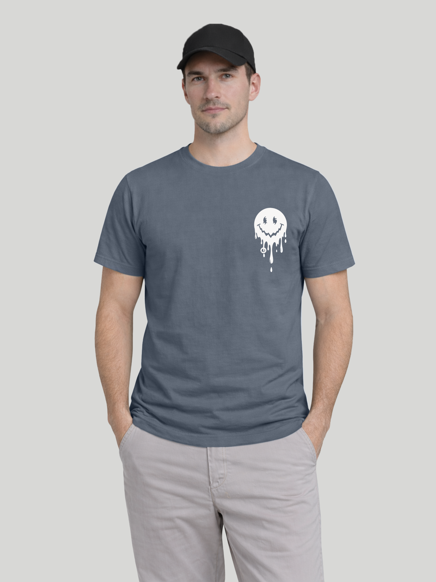 Men’s Blue Jean regular fit smiley graphic printed t-shirt front hands in pocket pose